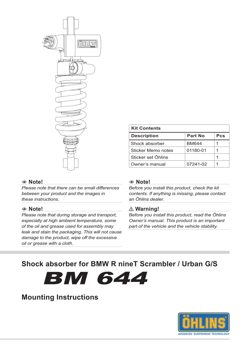 โช๊คหลังแต่ง Ohlins BM644 For BMW R nineT Urban G/S ปี 2017-2020