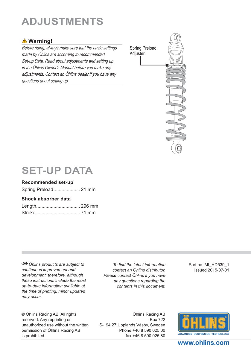 โช๊คหลังแต่ง Ohlins HD539 For Harley-Davidson FL Touring (Road King, Street Glide, Electra Glide etc) ปี 1988-2018