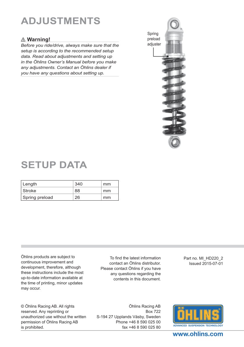 โช๊คหลังแต่ง Ohlins HD220 For Harley-Davidson Dyna FXD ปี 1991-2017