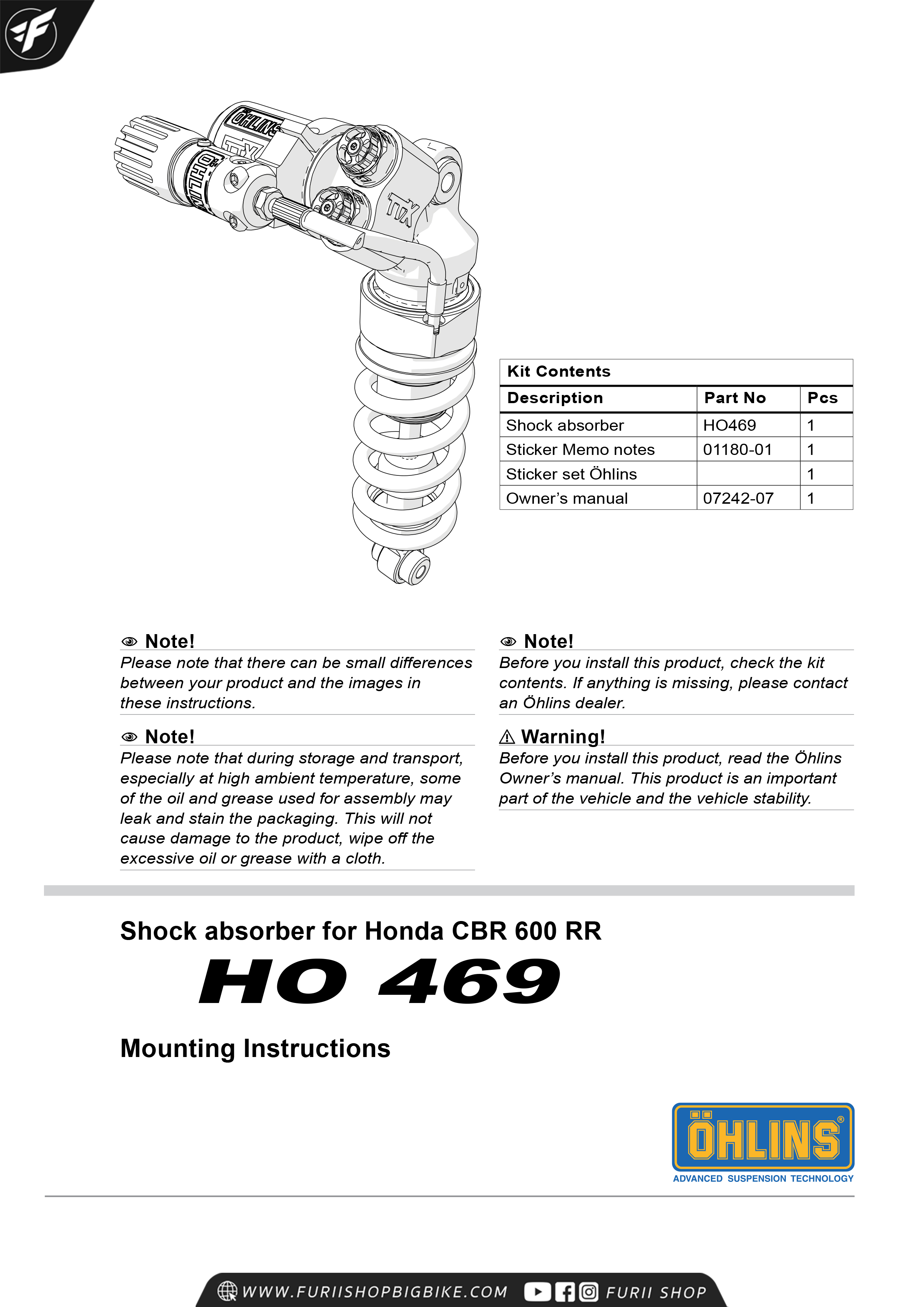 โช๊คหลัง OHLINS Sweden HO469 For Honda CBR600RR 2007-2018