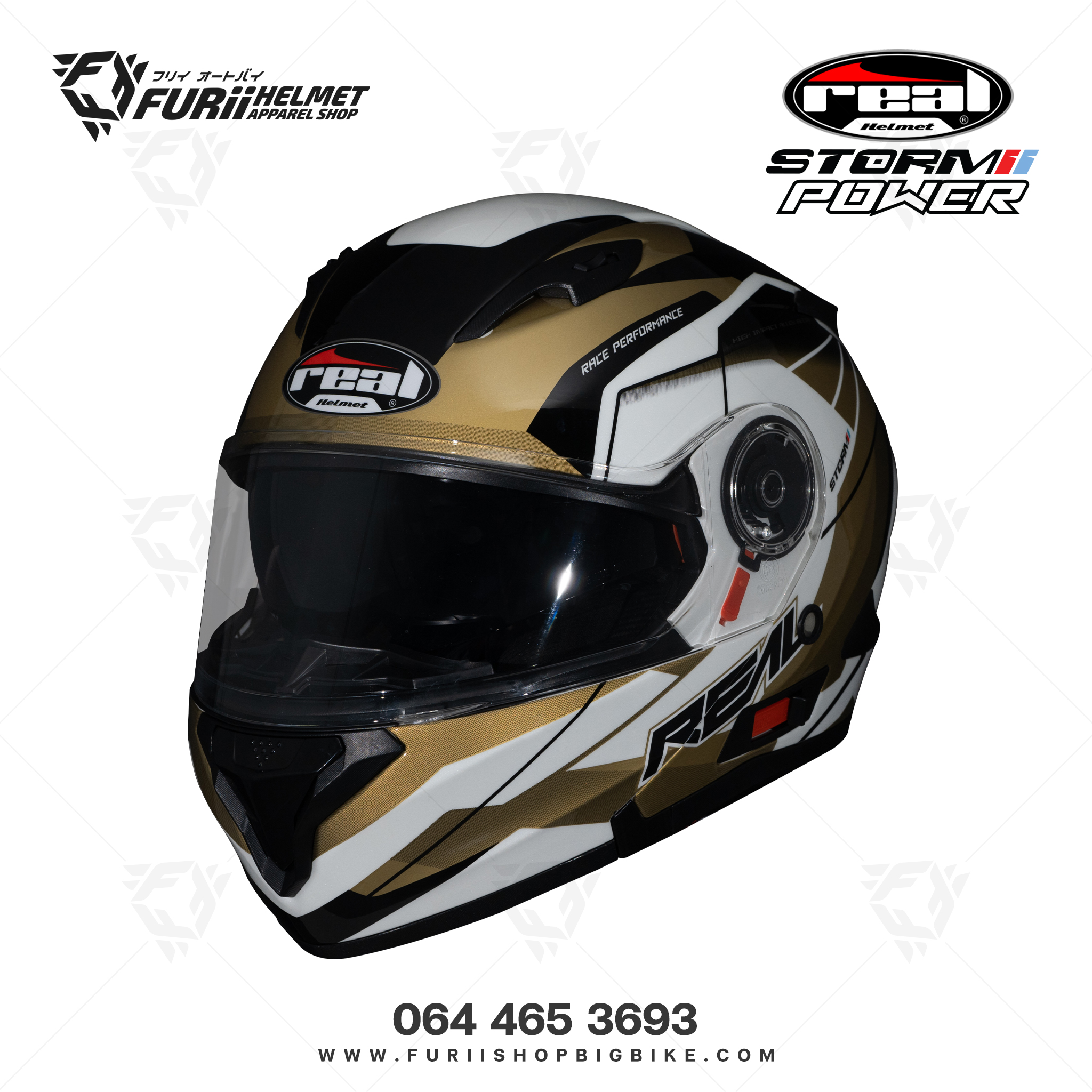 หมวกกันน็อคเต็มใบ Real : Storm Power ขาว-ทอง