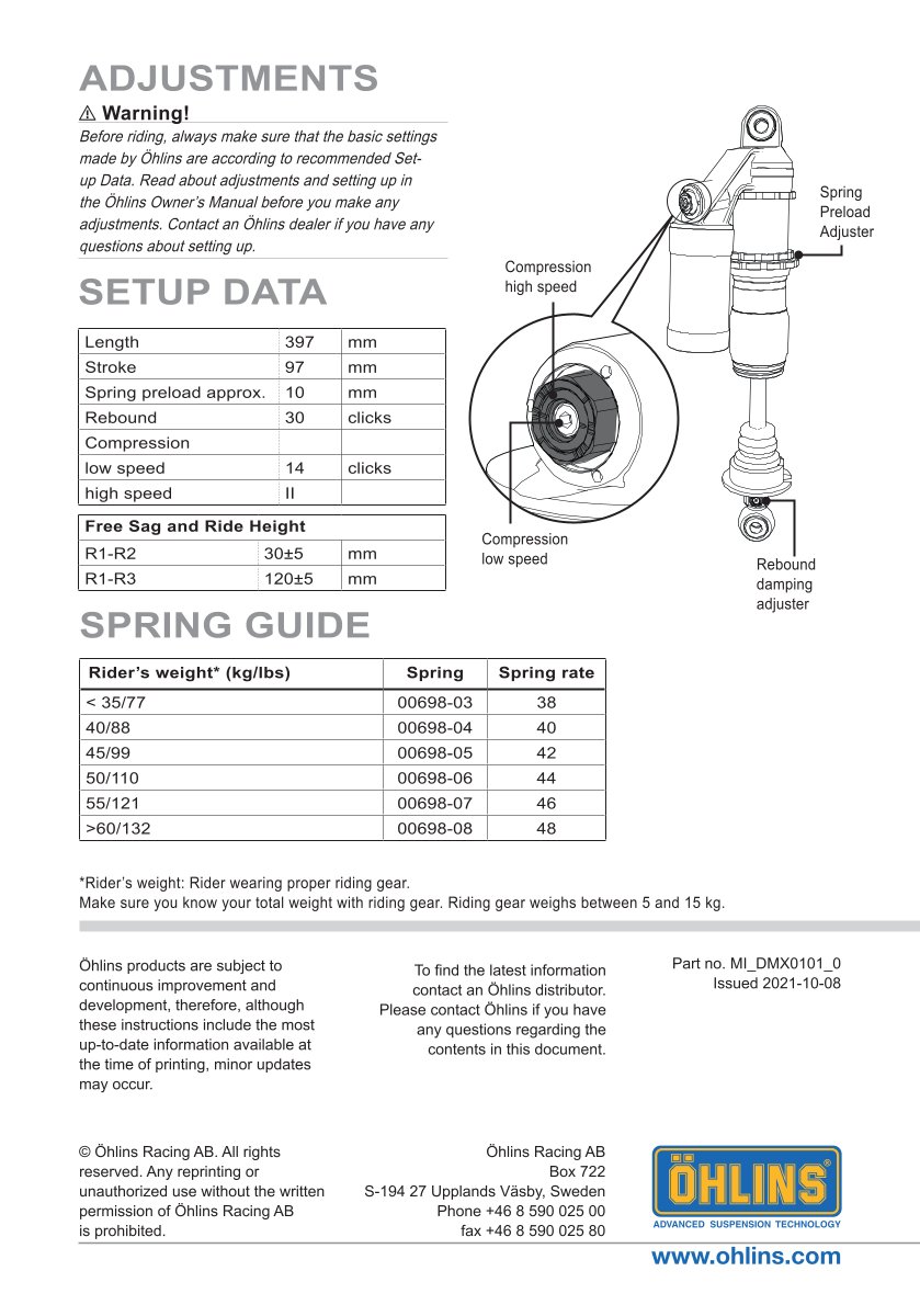 โช๊คหลังแต่ง Ohlins DMX0101 For Husqvarna TC 85 14"/17" ปี 2018-2023