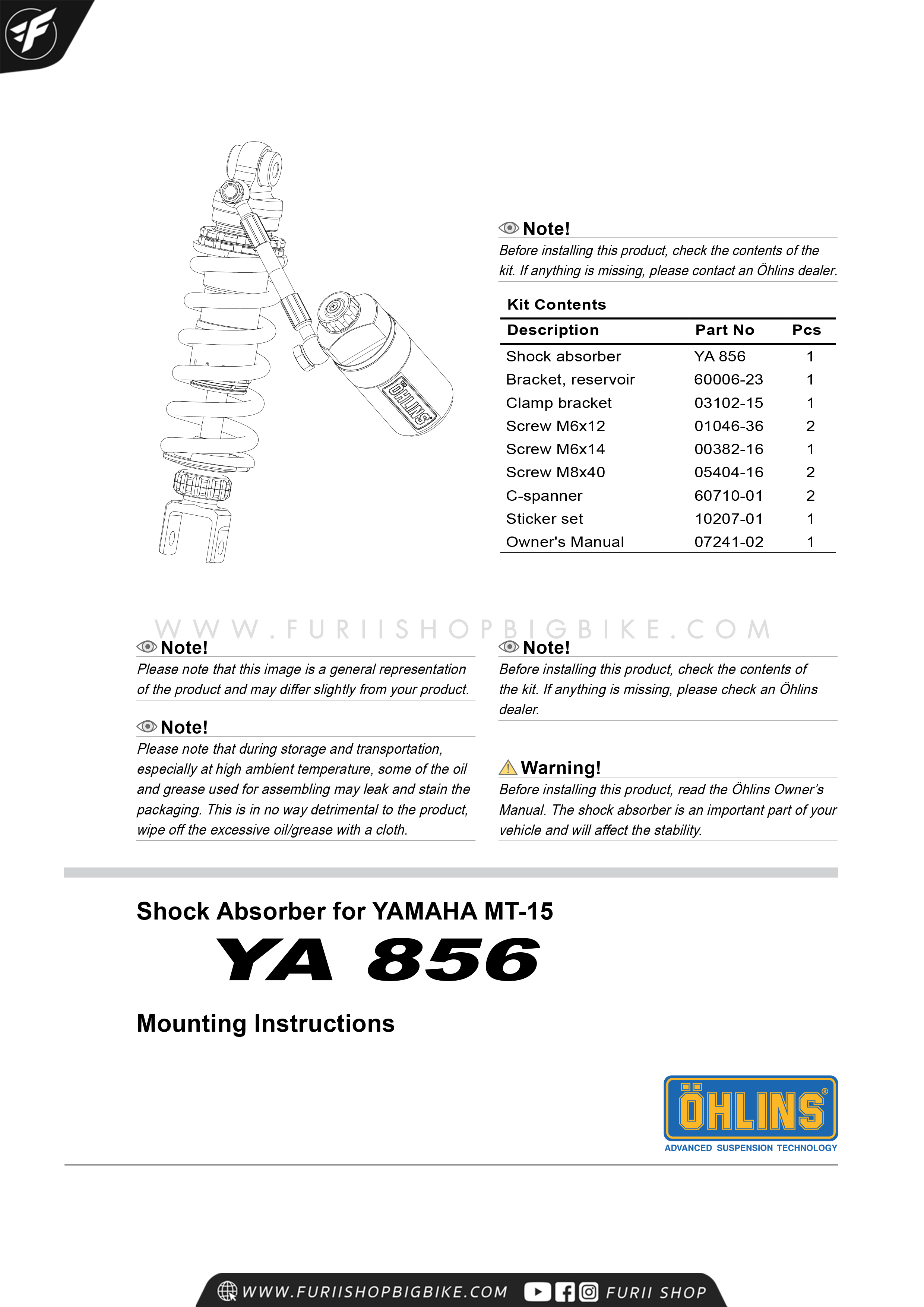 โช๊คหลัง OHLINS YA856 FOR Yamaha MT-15 2019