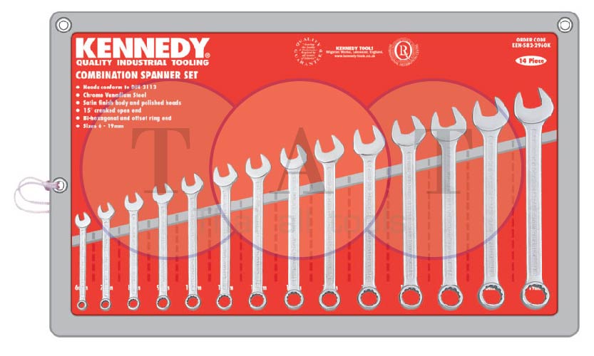 ชุดประแจแหวนข้างปากตาย 6-19mm 14ชิ้น/ชุด CHROME VANADIUM COMBINATION SPANNER KENNEDY