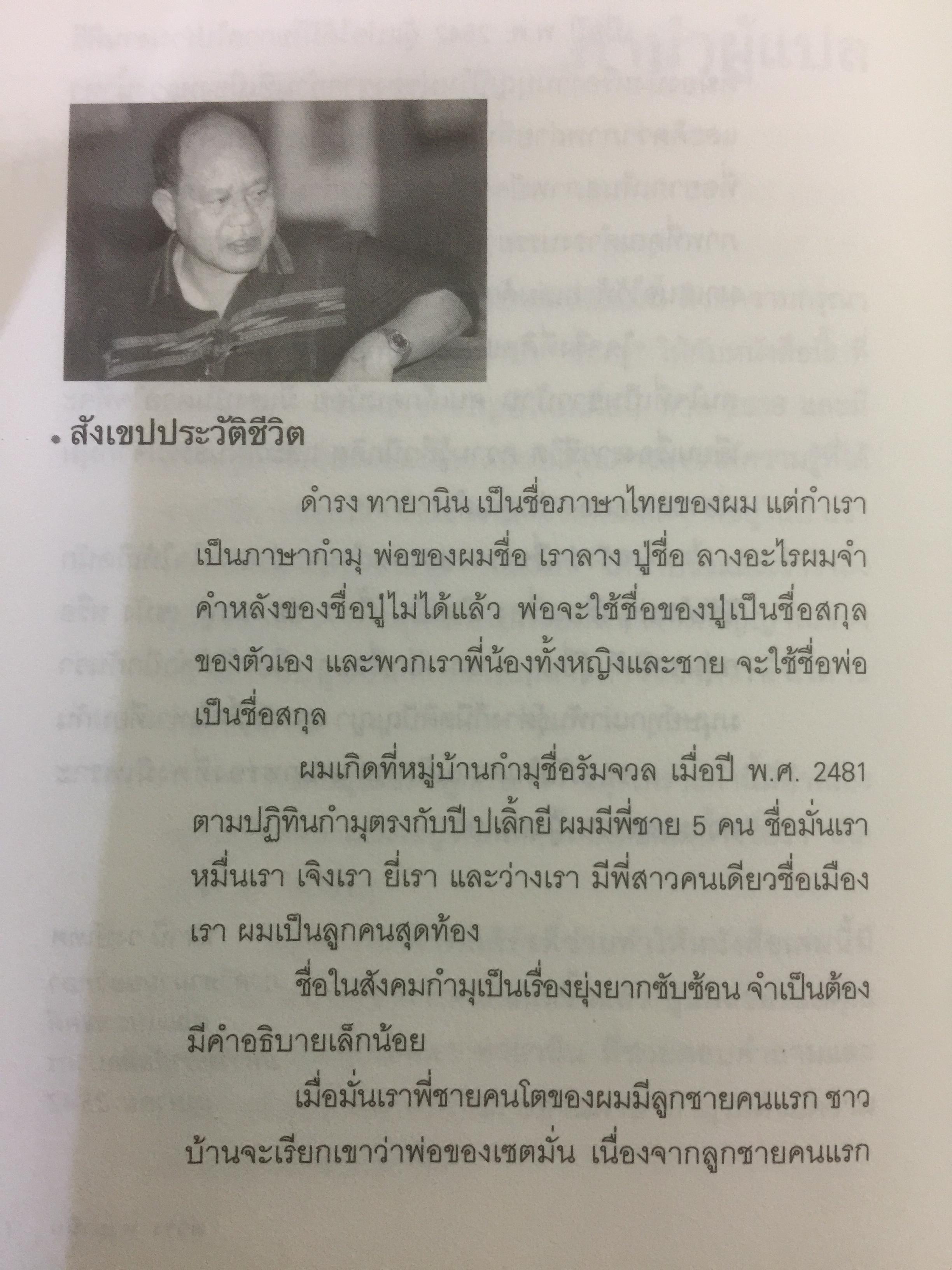 เกิดเป็น กำมุ ชีวิตและหมู่บ้าน. การเขียนวัฒนธรรมและวิถีชีวิตของชาวกำมุจากมุมมอง ของ”คนใน” ผู้เขียน ดำรง ทายา นิน ผู้แปล ปรานี วงษ์เทศ เป็นหนังสือชุดศิลปวัฒนธรรมฉบับพิเศษ 3 กก.