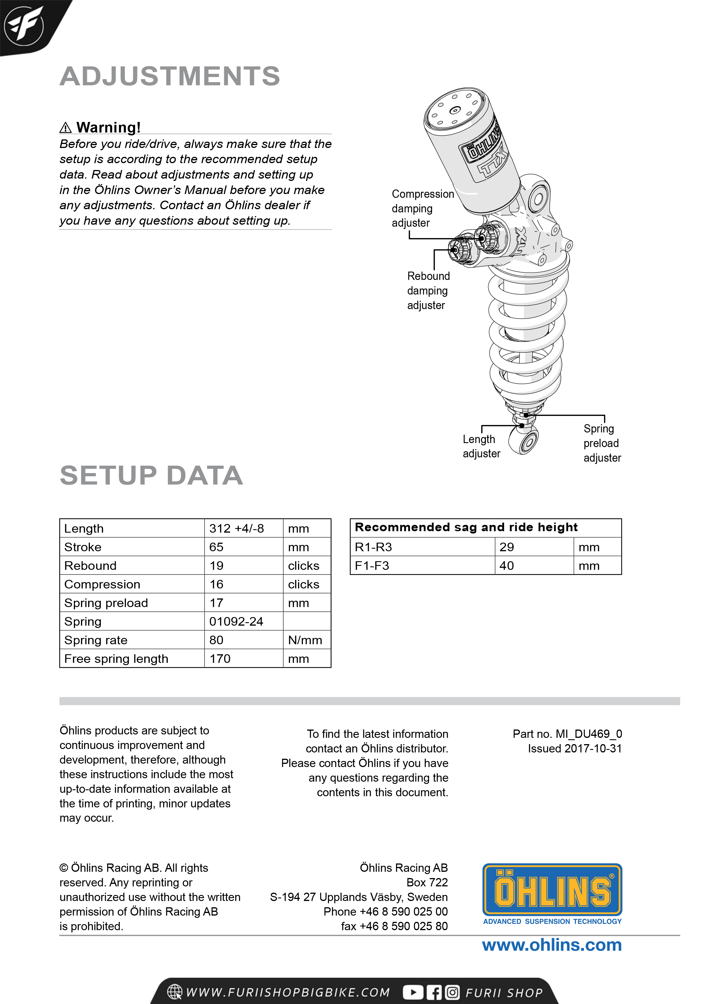โช๊คหลัง OHLINS Sweden DU469 For Ducati Panigale 899, 959