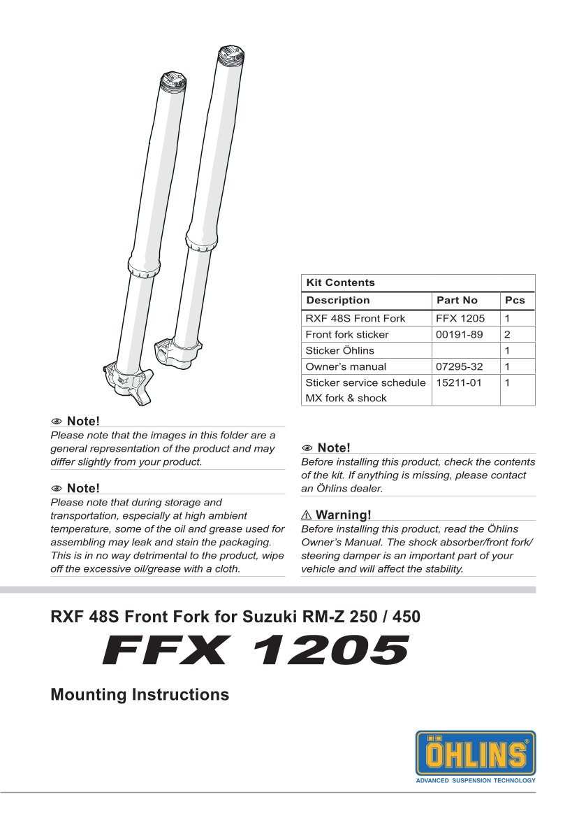 โช้คหน้า OHLINS FFX1205 FOR Suzuki RM-Z 450 2013-2024