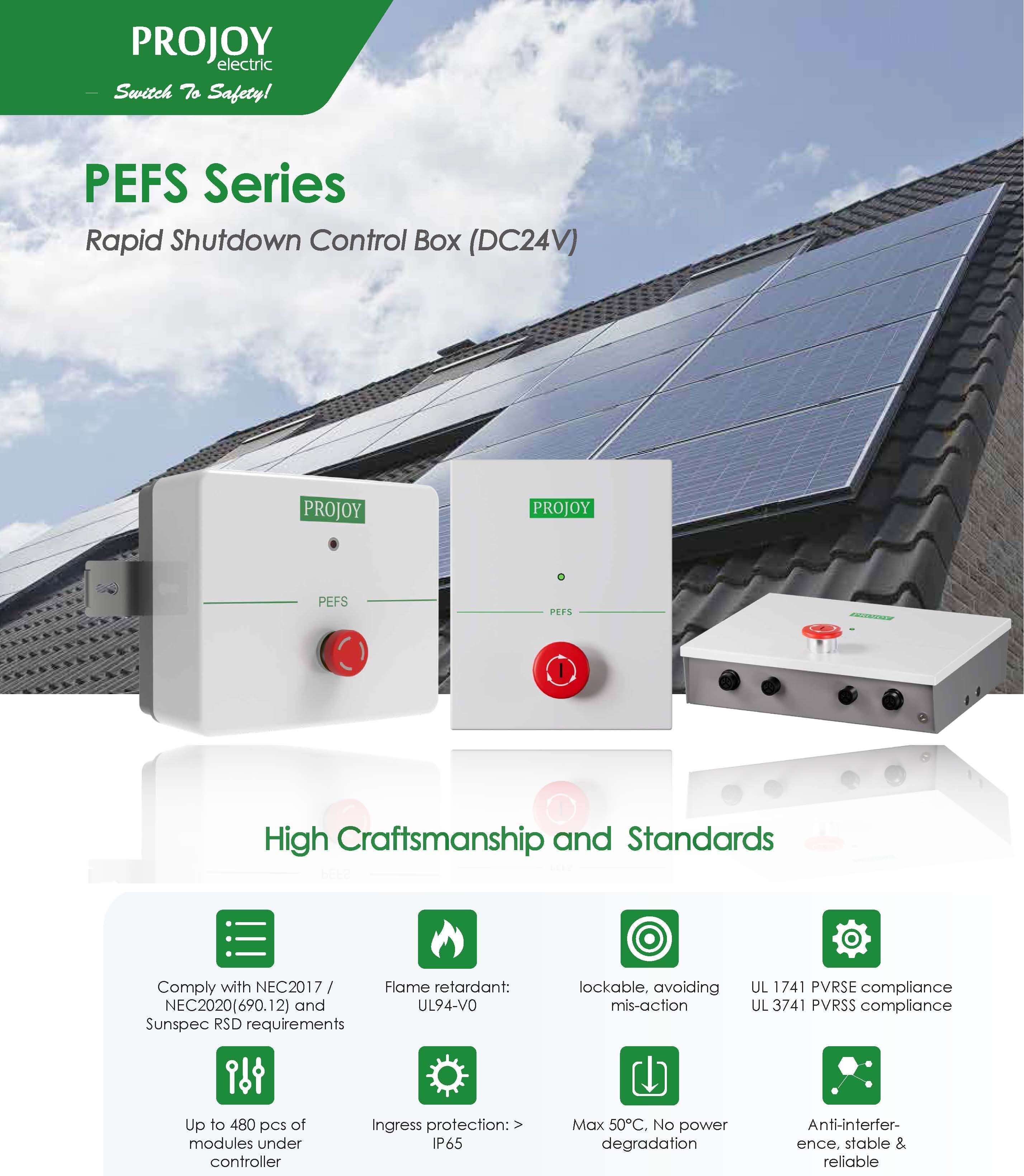 อุปกรณ์ป้องกันไฟไหม้ Emergency Switch จากแบรนด์ Projoy สำหรับควบคุมการทำงานของอุปกรณ์ Rapid Shutdown ในระบบโซล่าเซลล์