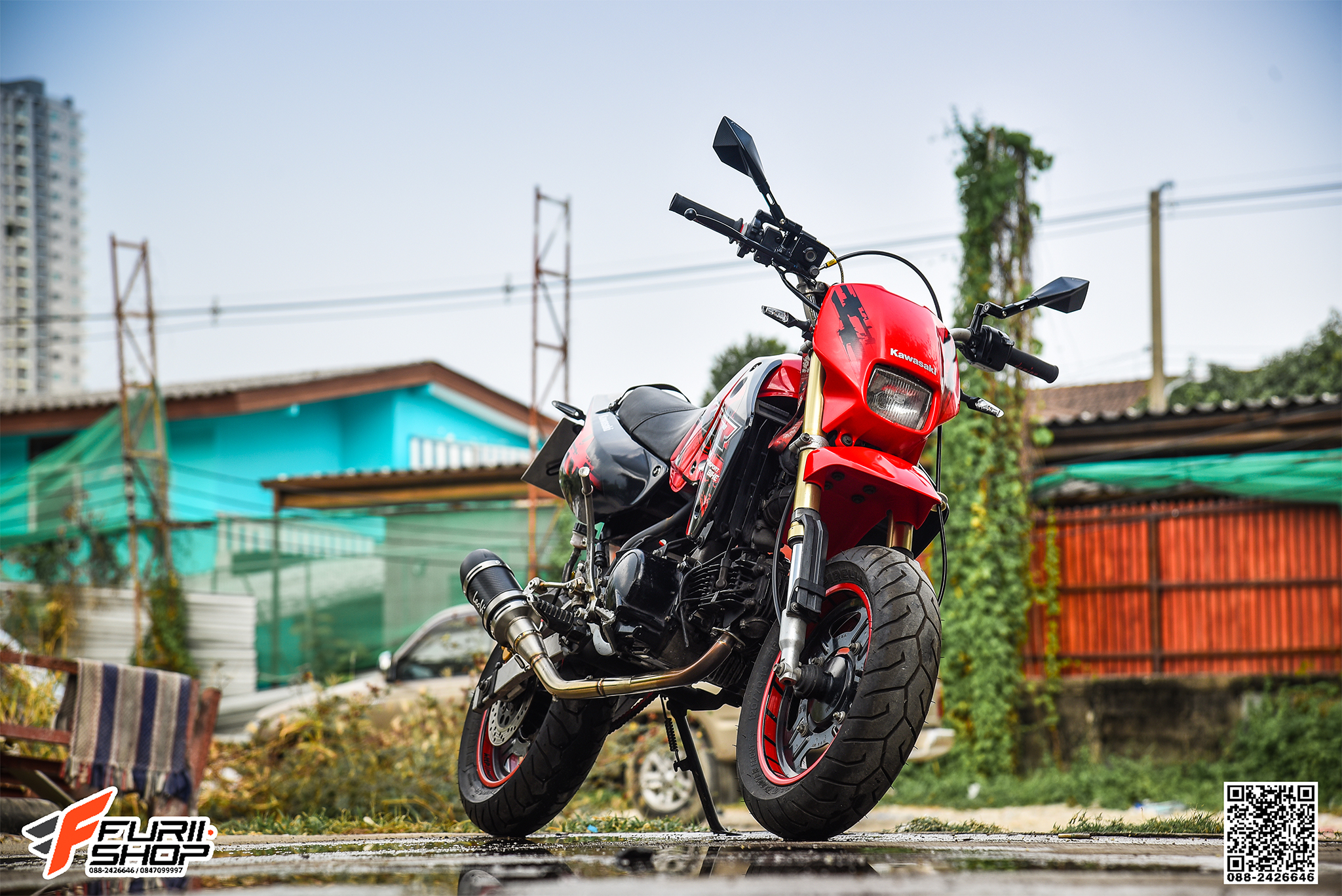 สายHEL KAWASAKI KSR เดินทางเดิม หน้า-หลัง สายสีดำ หัวเบนโจสีเงิน