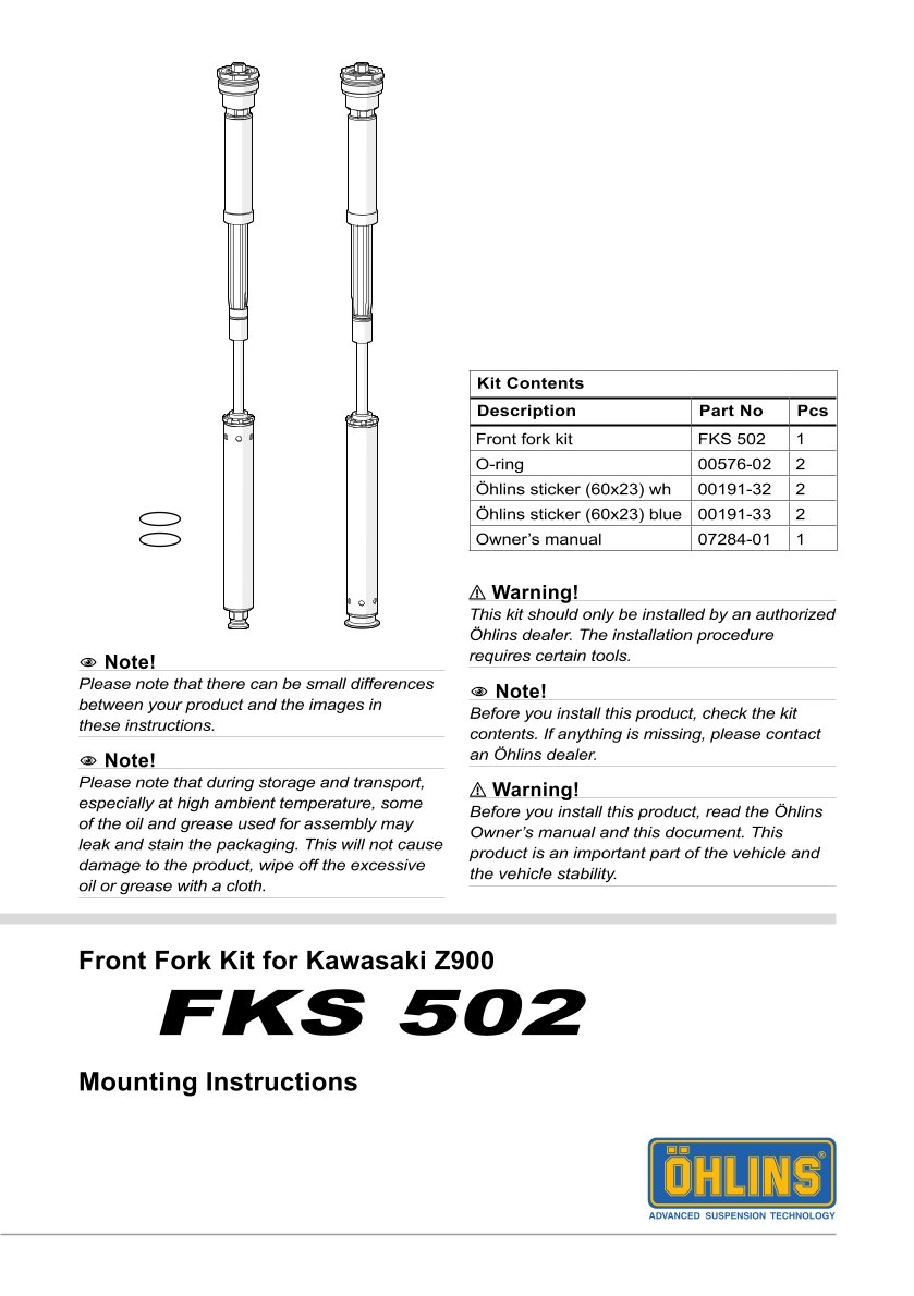 สปริงโช้คหน้า Ohlins FKS502 For Kawasaki Z900 Performance 2017-2023