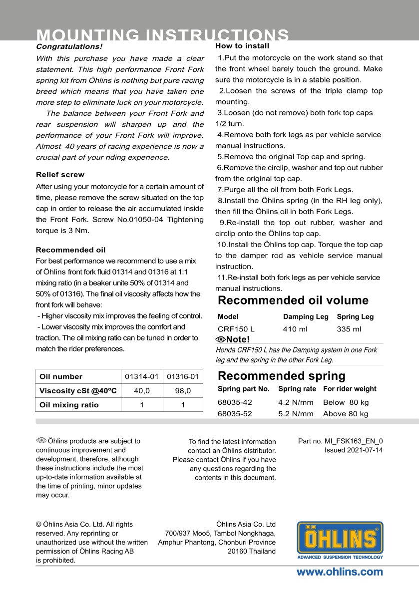 สปริงโช้คหน้า Ohlins FSK163 For Honda CRF150L 2017-2019
