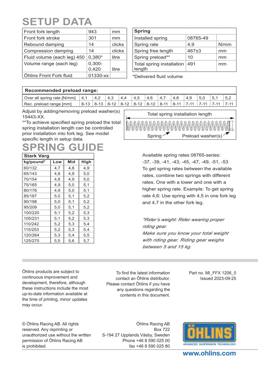 โช้คหน้า OHLINS FFX1206 FOR Stark VARG 2023