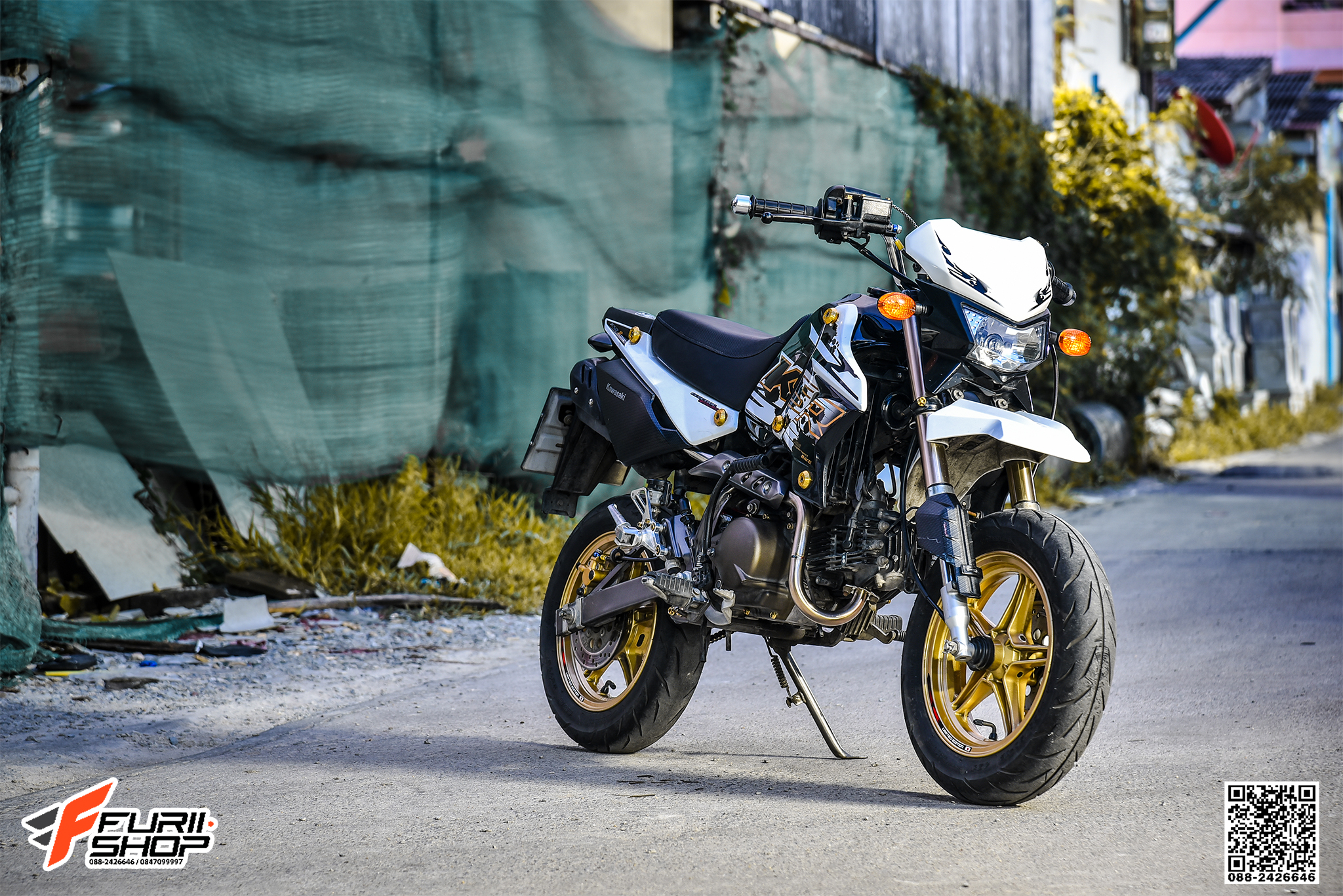 สายHEL KAWASAKI KSR เดินทางเดิม หน้า-หลัง สายCARBON หัวเบนโจสีน้ำเงิน