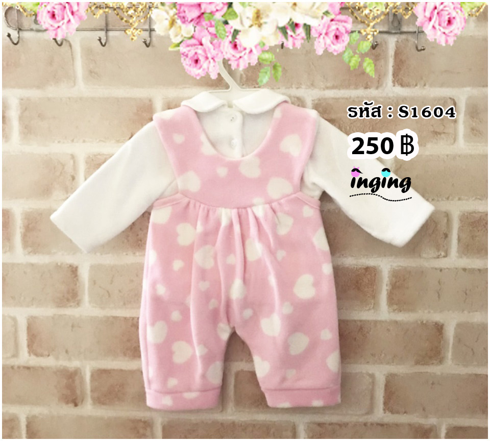 S1604_[Size-0-3-เสื้อขาวเอี๊ยมชมพูลายteddy]_ชุดเช็ต2ชิ้น(เสื้อ+เอี๊ยม)