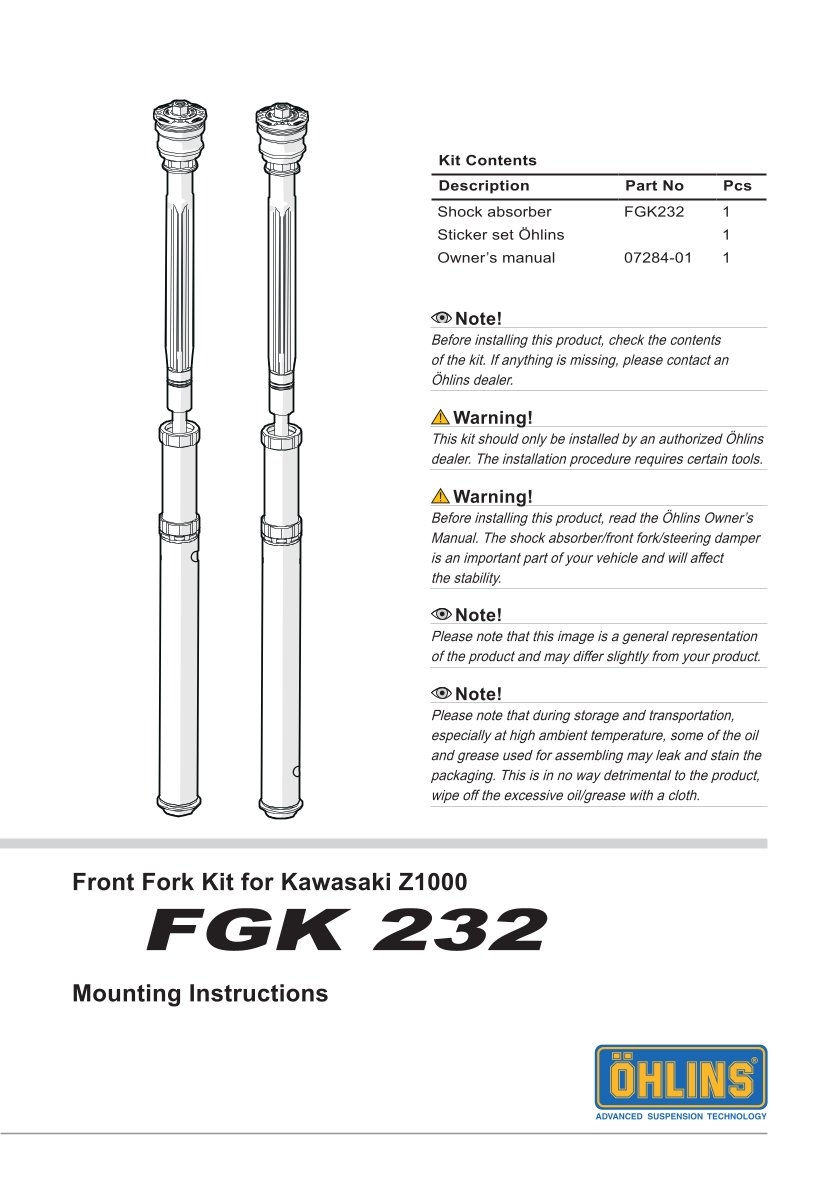 สปริงโช๊คหน้า โช๊คอัพ โช๊คแต่ง โช๊คมอเอตร์ไซค์ OHLINS FGK232 NIX30 KAWASAKI Z1000 2014-2016