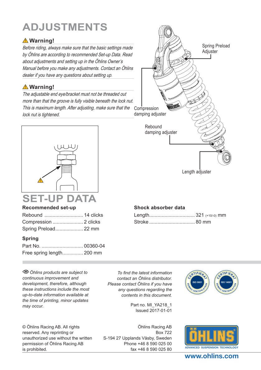 โช๊คหลังแต่ง Ohlins YA218 For Yamaha SR 400/500 ปี 2014-2023