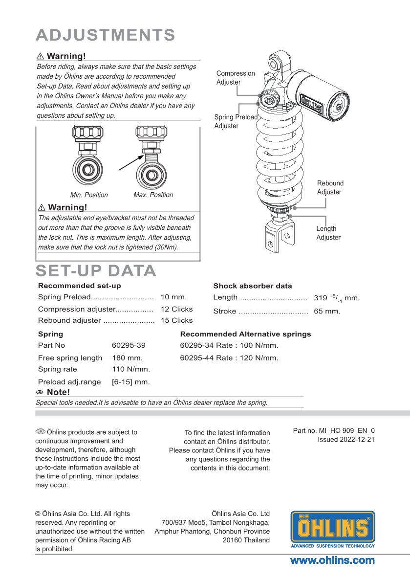 โช๊คหลังแต่ง Ohlins HO909 For Honda CBR250RR ปี 2017-2023
