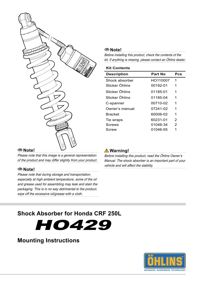 โช๊คหลังแต่ง Ohlins HO429 For Honda CRF250M ปี 2012-2016
