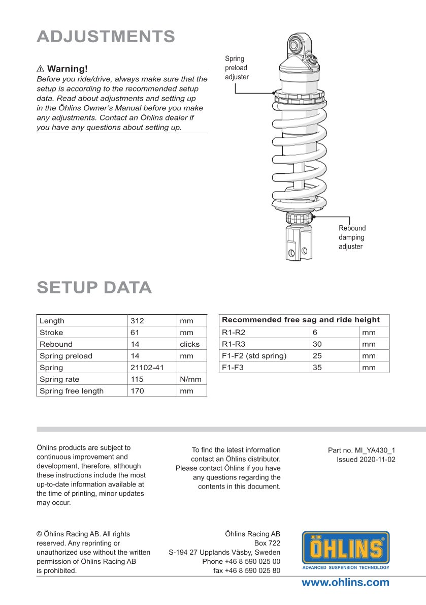 โช๊คหลังแต่ง Ohlins YA430 For Yamaha XSR 700/XTribute ปี 2016-2024