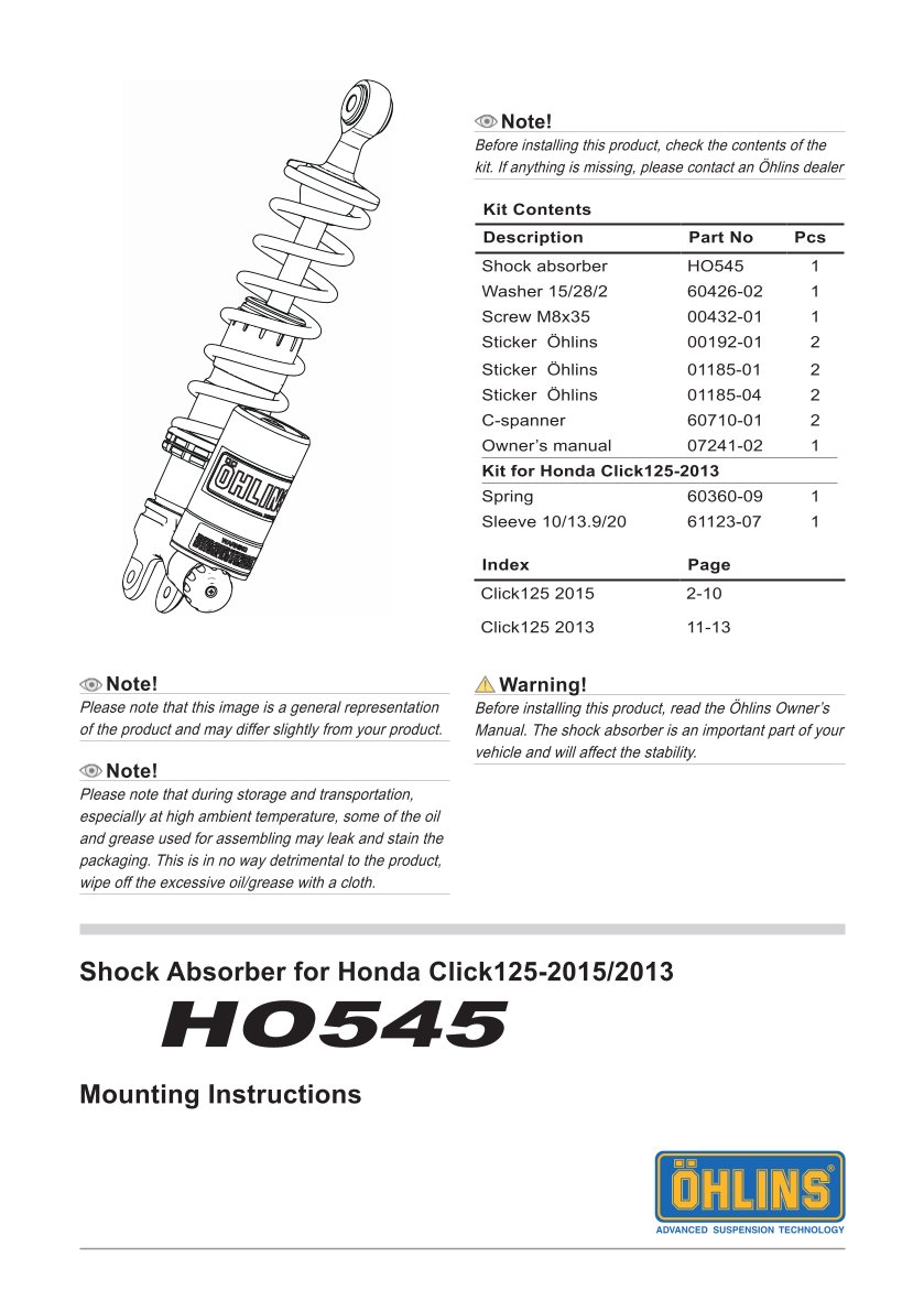 โช๊คหลังแต่ง Ohlins HO545 For Honda Click 125i ปี 2015-2017