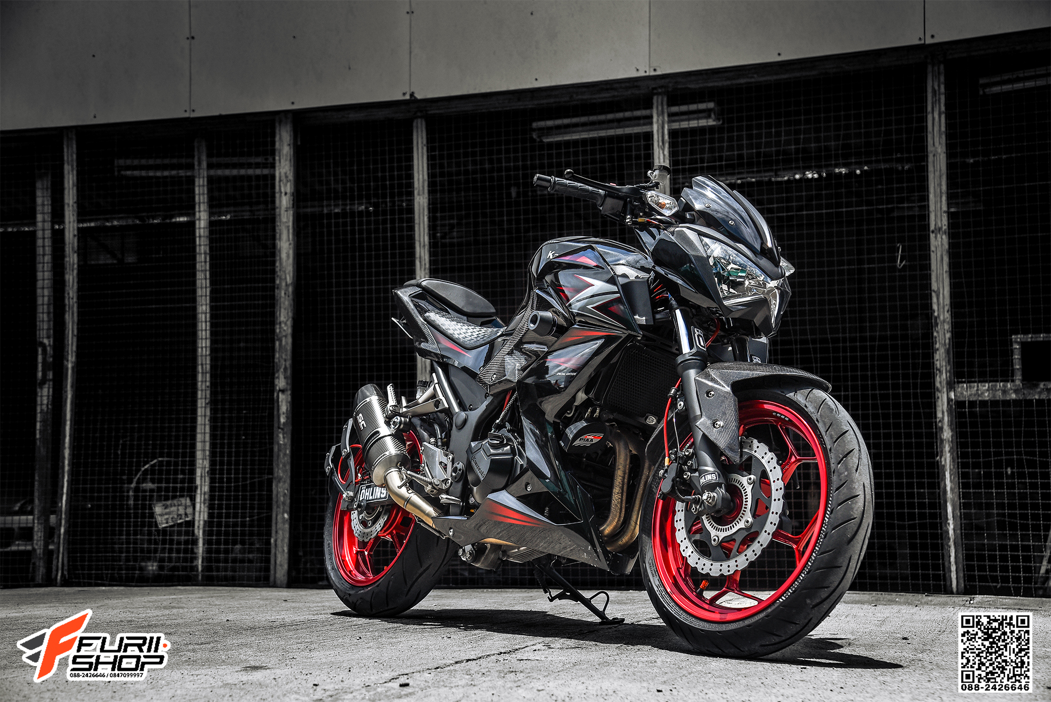 สายHEL KAWASAKI Z300 เดินทางเดิม หน้า-หลัง สายสีแดง หัวเบนโจสีเงิน