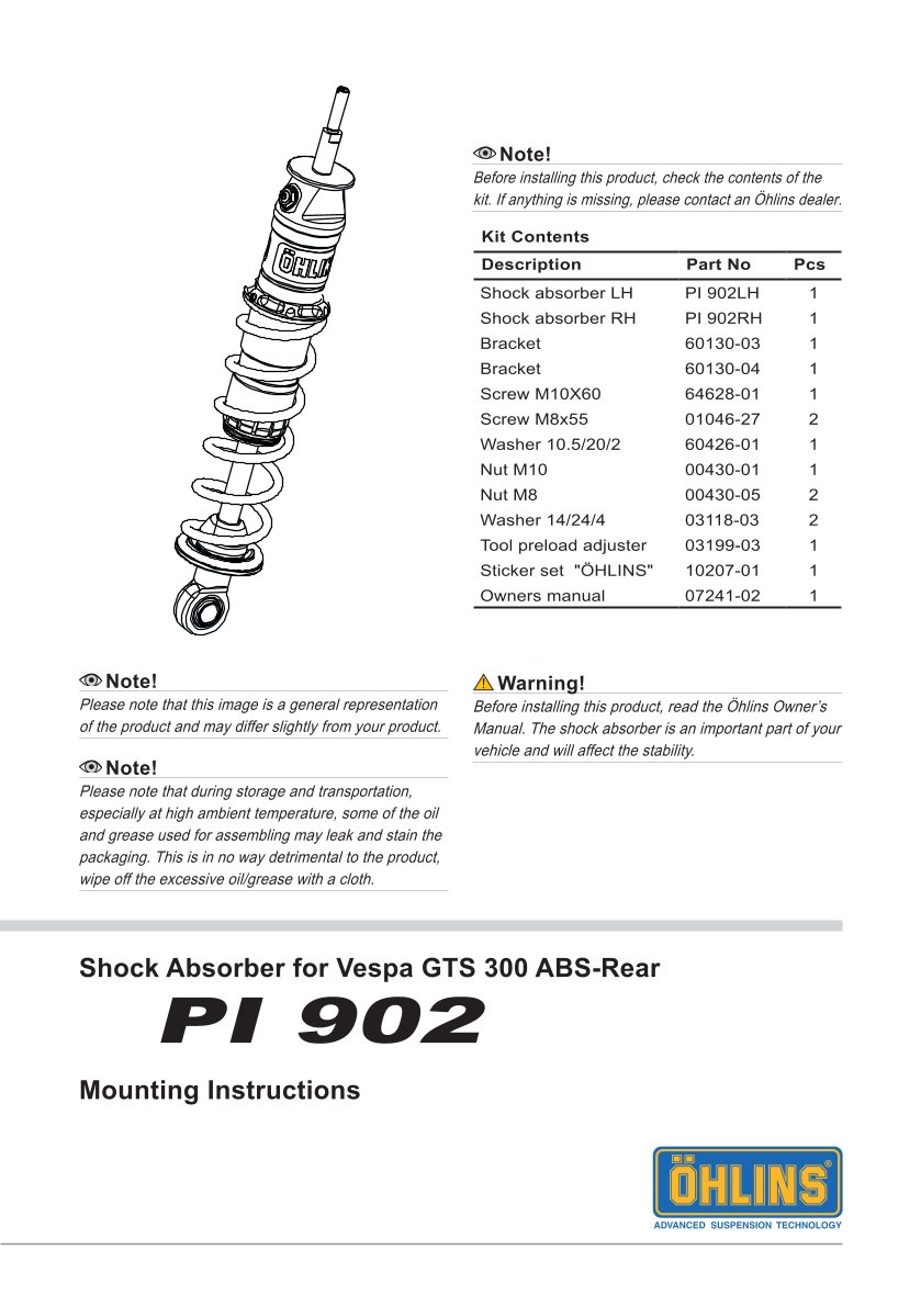โช๊คหลังแต่ง Ohlins PI902 For Vespa GTS300 ปี 2019-2022