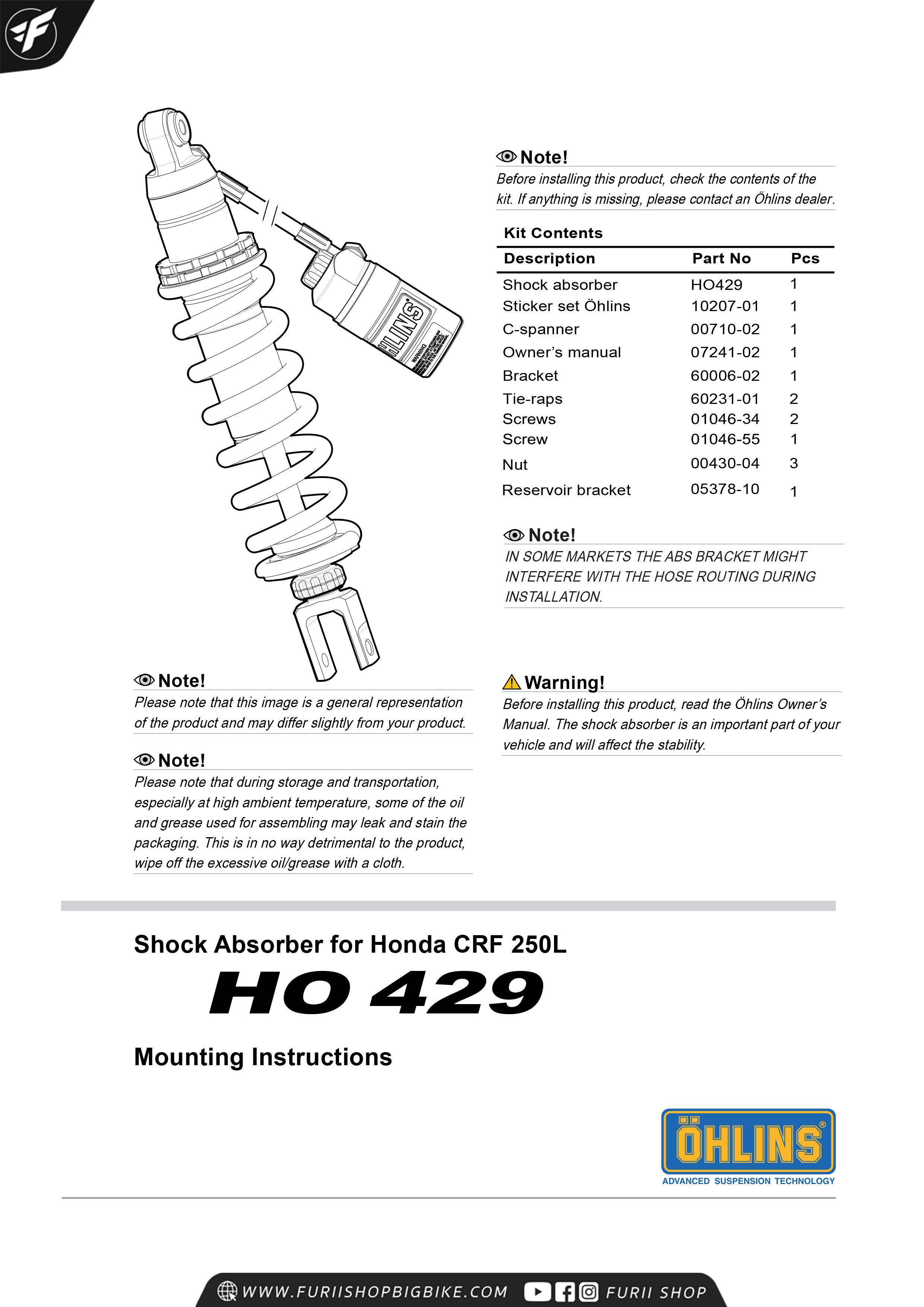 โช๊ค โช๊คแต่ง โช๊คมอเอตร์ไซค์ OHLINS HO429 FOR ฮอนด้า HONDA CRF250