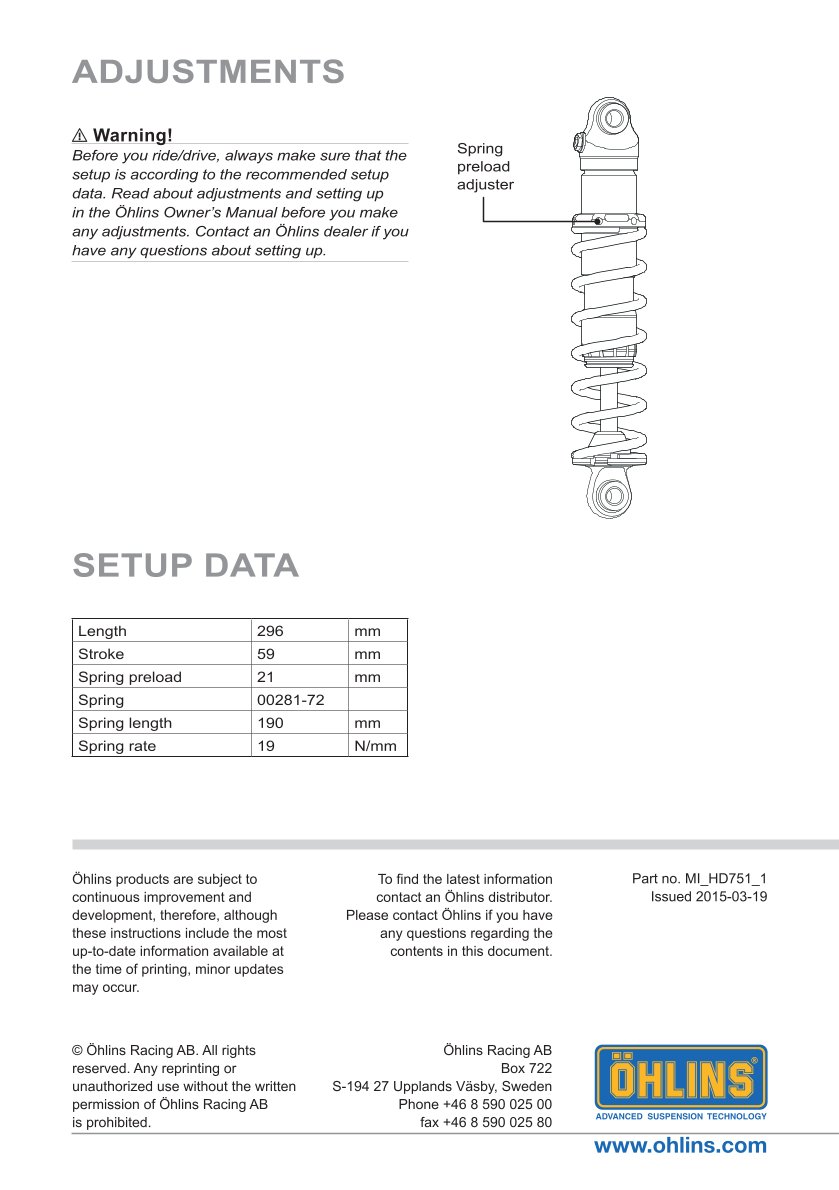 โช๊คหลังแต่ง Ohlins HD751 For Harley-Davidson XL Sportster ปี 2004-2022