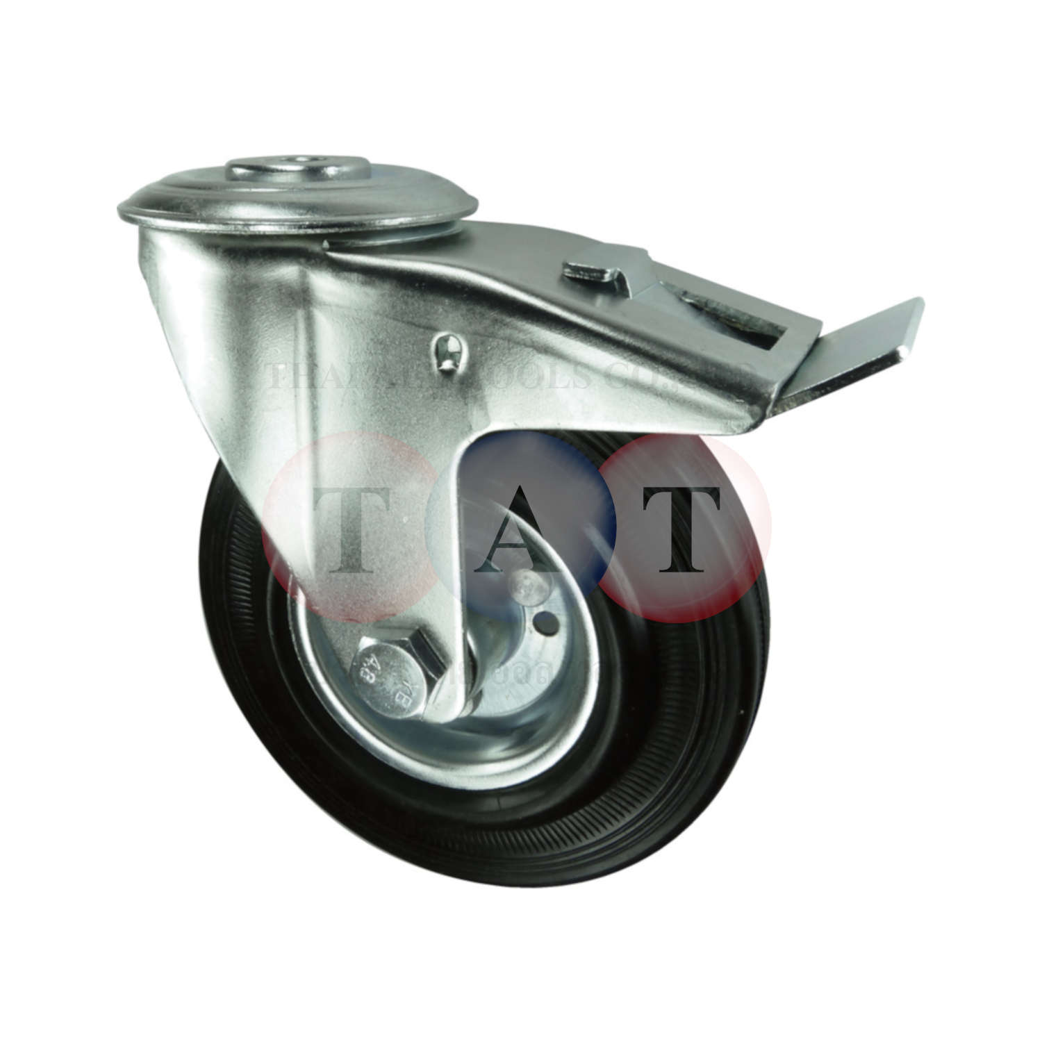 Atlas Workholders.Pressed Steel Castor With Swivel Bolt Hole Rubber Tyre with Brake, Steel Centre 200mm