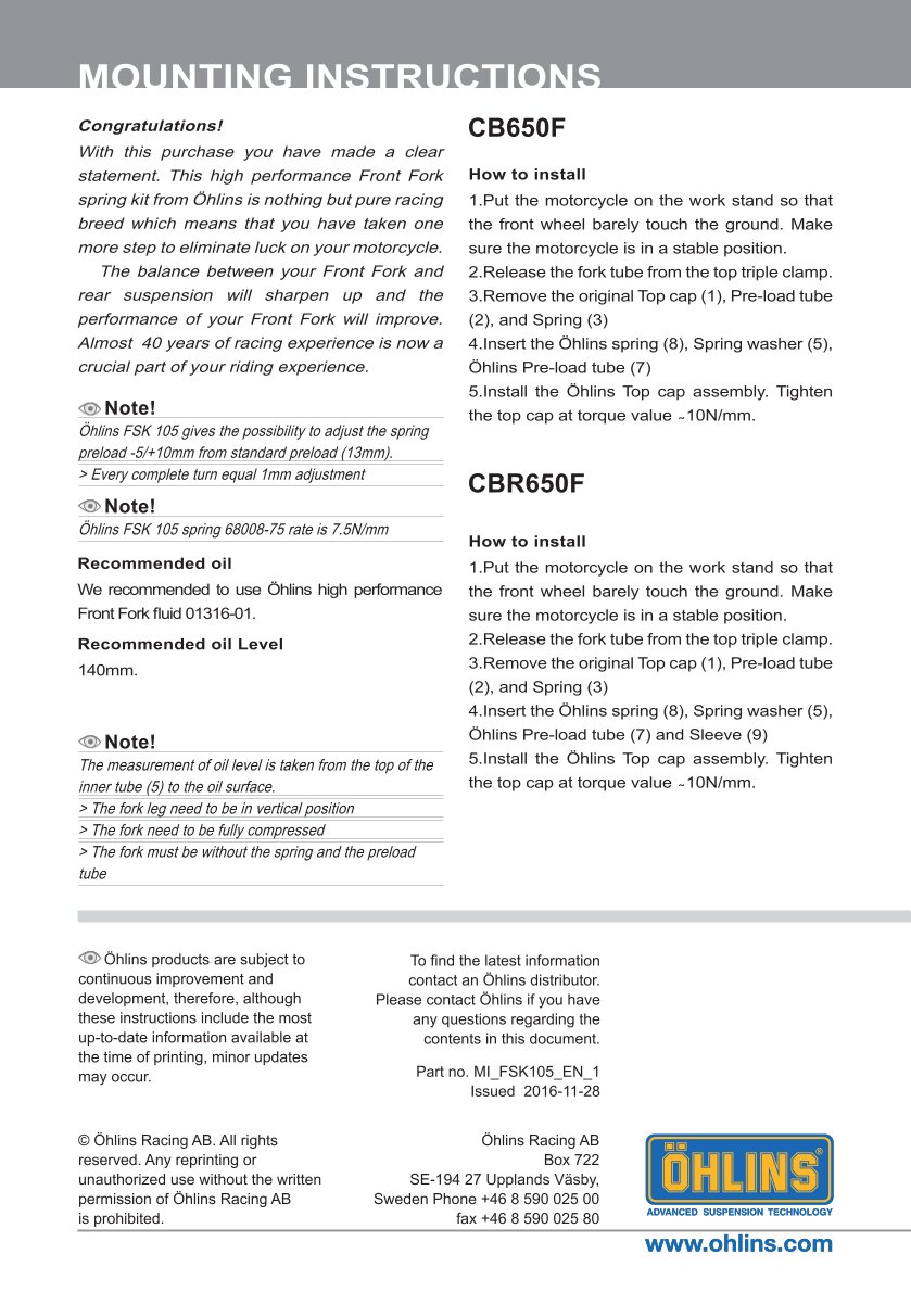 สปริงโช๊คหน้า OHLINS FSK105 FOR HONDA CB650F/CBR650F โช๊ค โช๊คแต่ง โช๊คมอเอตร์ไซค์