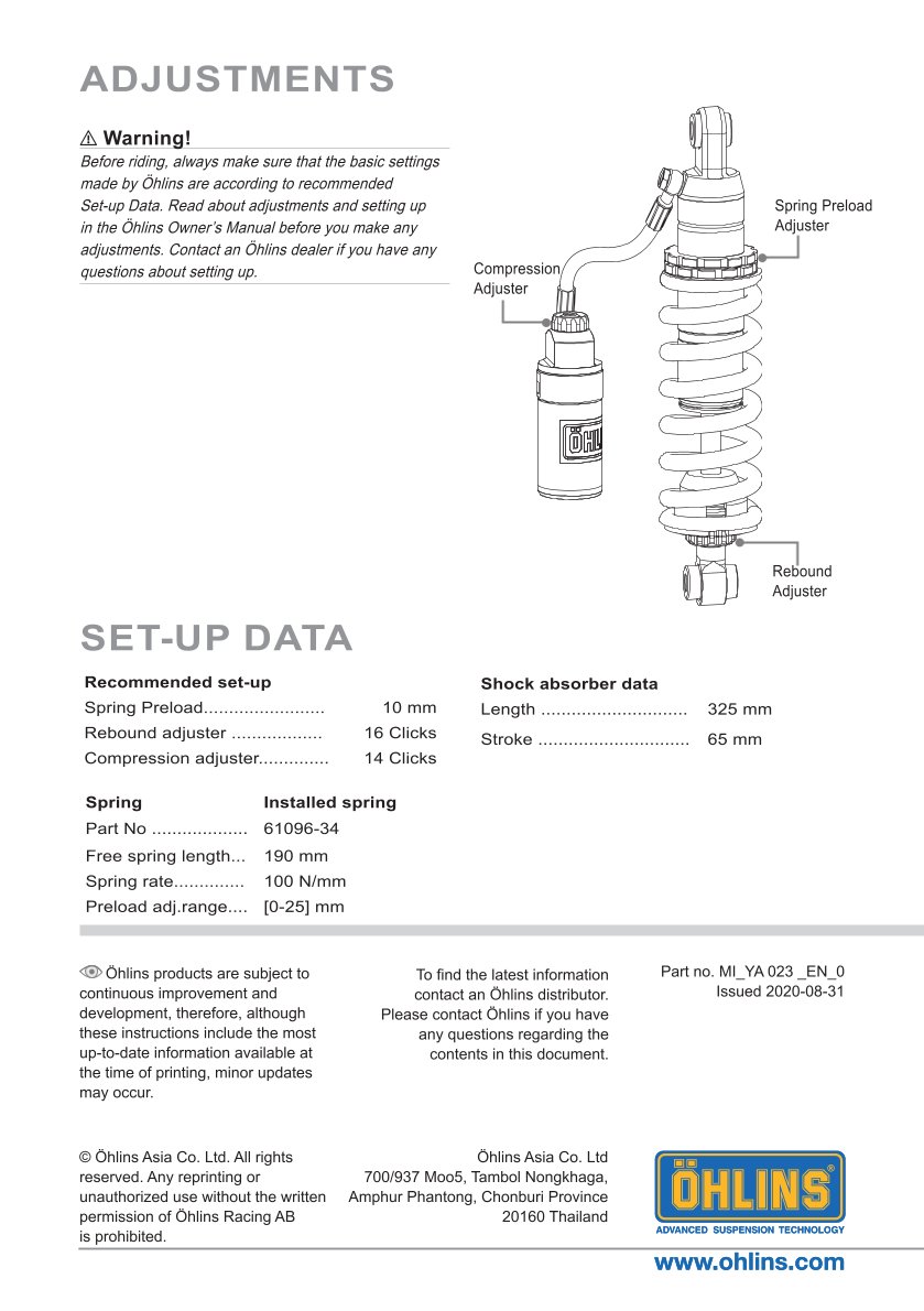 โช๊คหลัง OHLINS YA023 FOR YAMAHA WR155R