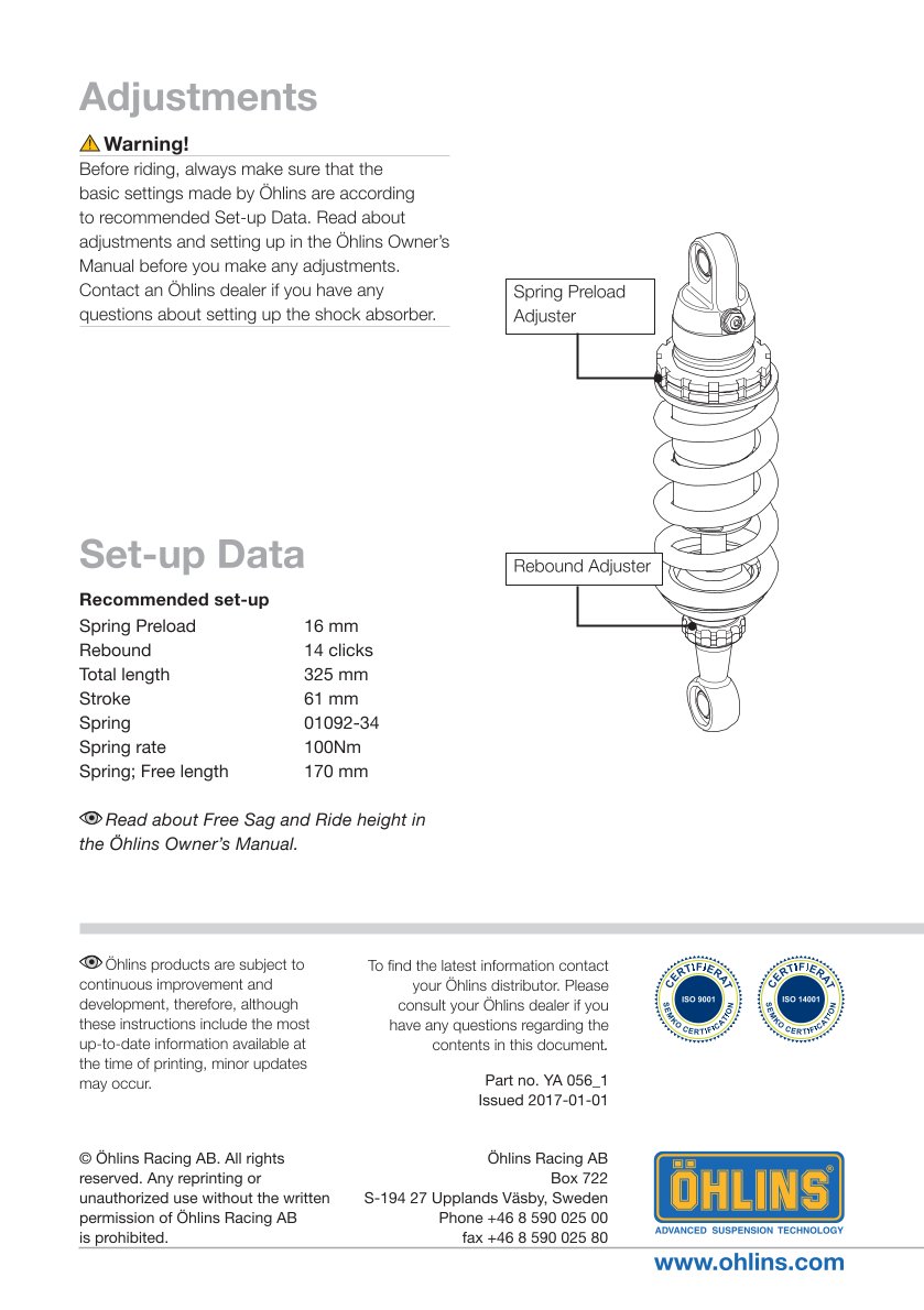 โช๊คหลังแต่ง Ohlins YA056 For Yamaha FJR 1300 ปี 2001-2005