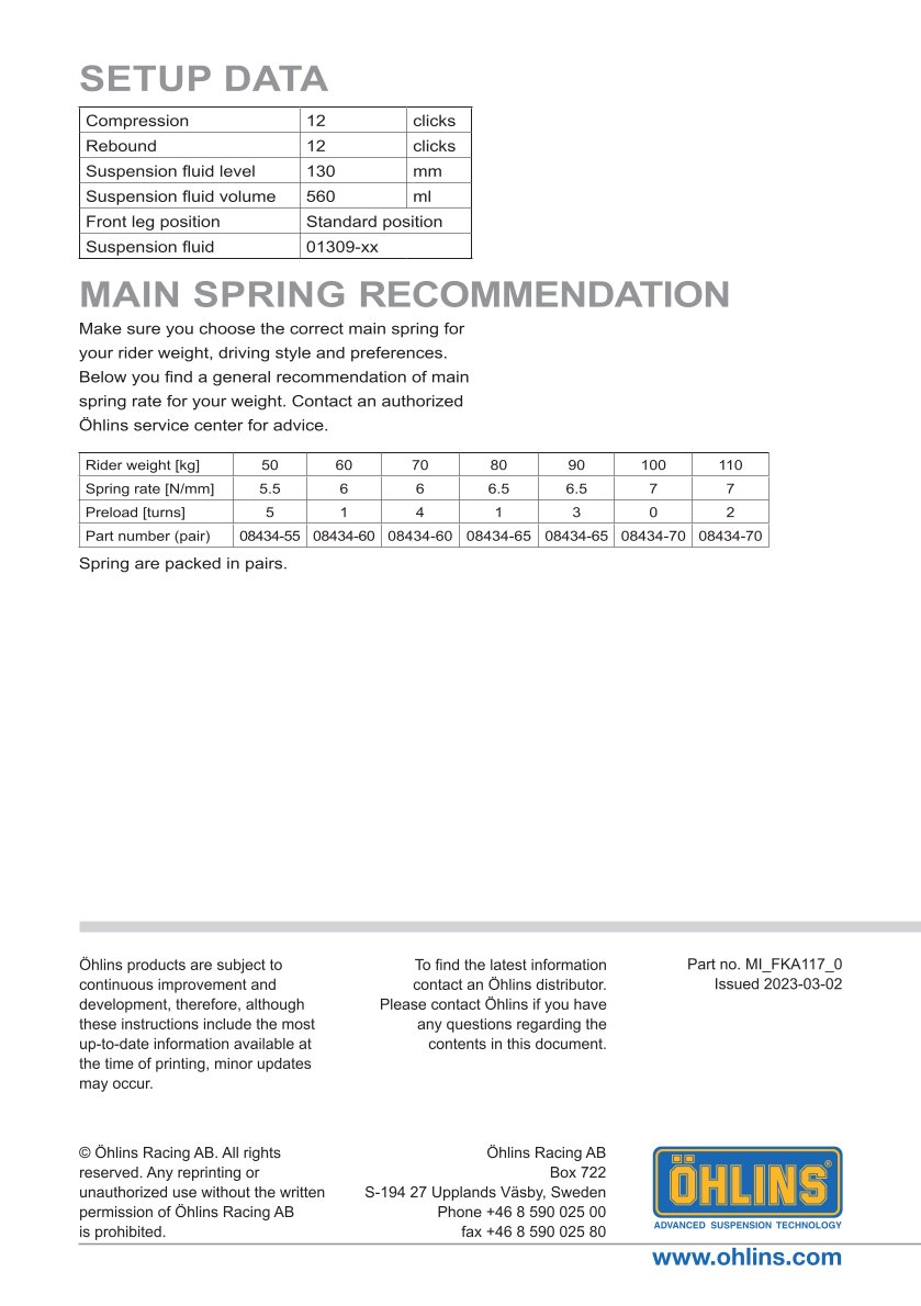 สปริงโช้คหน้า Ohlins FKA117 For Ducati Desert X 2022