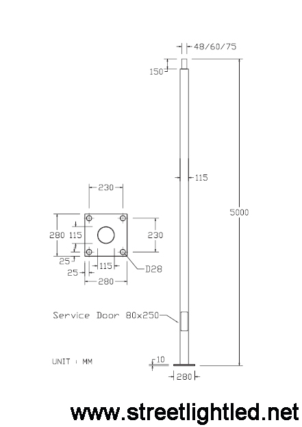 เสาไฟถนนตรง เหล็กสี่เหลี่ยม สูง 5 เมตร