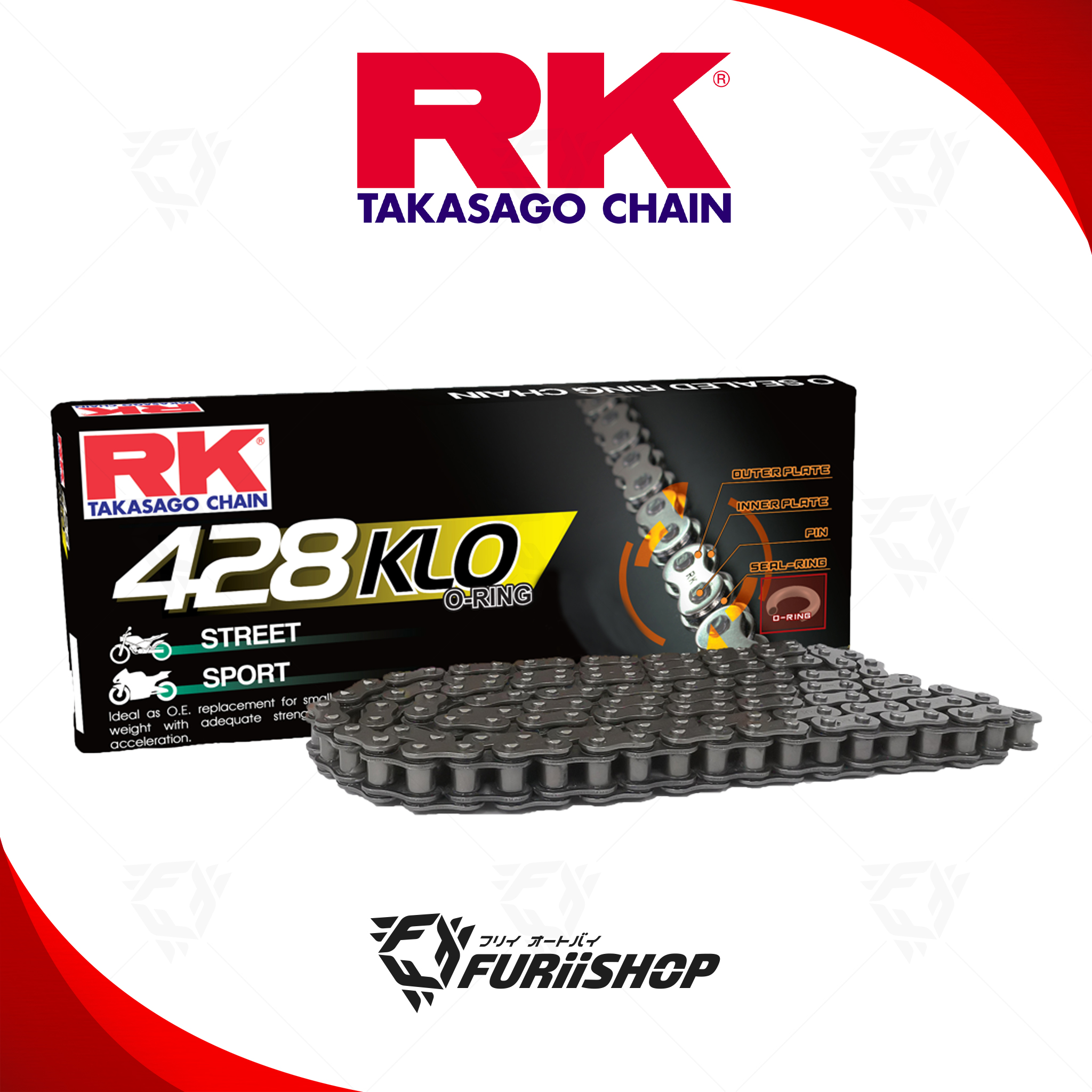 โซ่ RK แท้ 428KLO O-Ring Chain 428KLO-132L (สีเงิน) สำหรับรถมอเตอร์ไซค์ 150cc