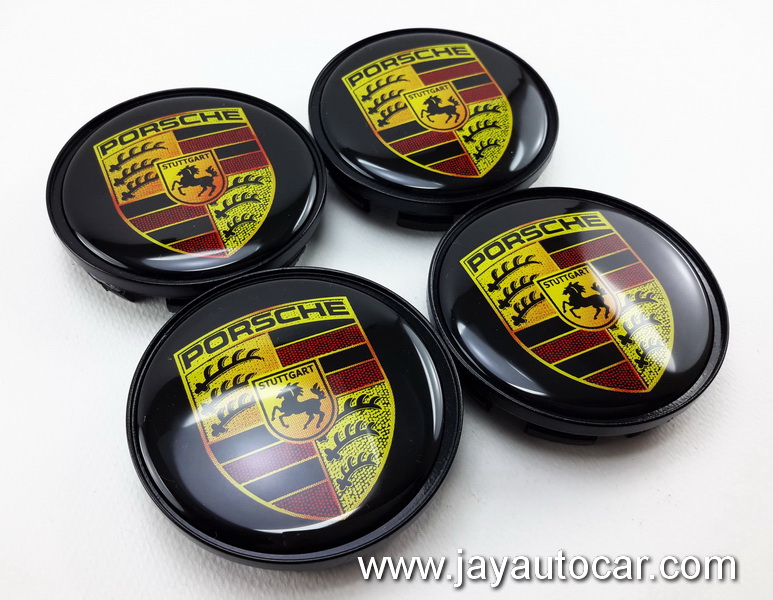ฝาล้อรถยนต์ สำหรับ ล้อแม็ก โลโก้สติ๊กเกอร์เรซิ่น PORSCHE สีดำ ขนาด 62.5 มิล 1ชุด 4ชิ้น 62mm.