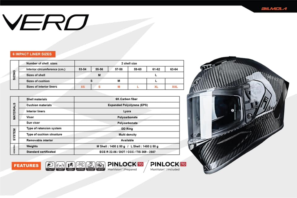 หมวกกันน็อค BILMOLA VERO 6K CARBON พร้อมของแถมสุดพรีเมียม Bilmola Helmet Bag และ Black Visor แว่นสองชั้น