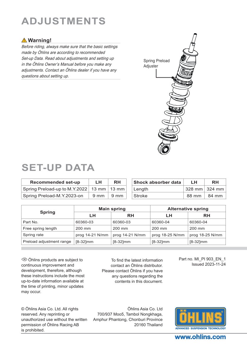 โช๊คหลังแต่ง Ohlins PI903 For Vespa GTS150/GTS300 ปี 2019-2023
