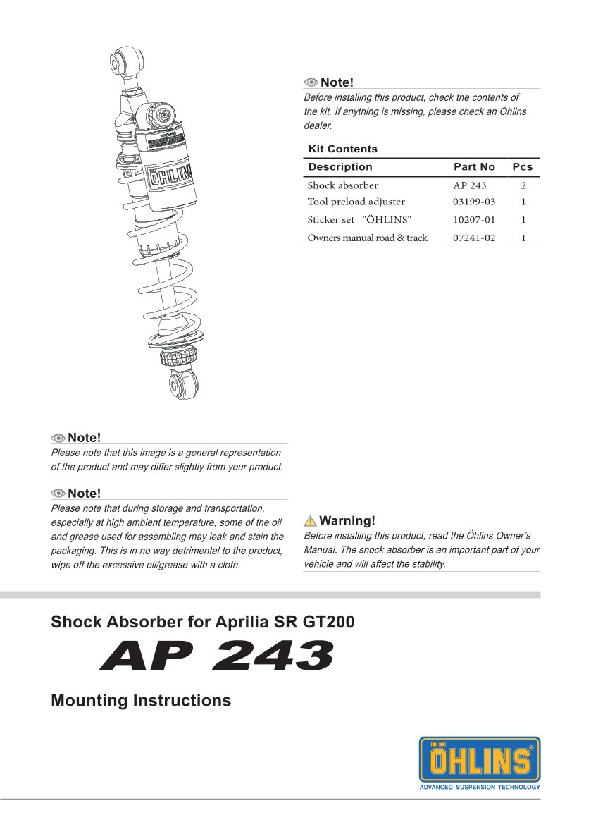 โช๊คหลังแต่ง Ohlins AP243 For Aprilia SR GT 200 ปี 2022-2023