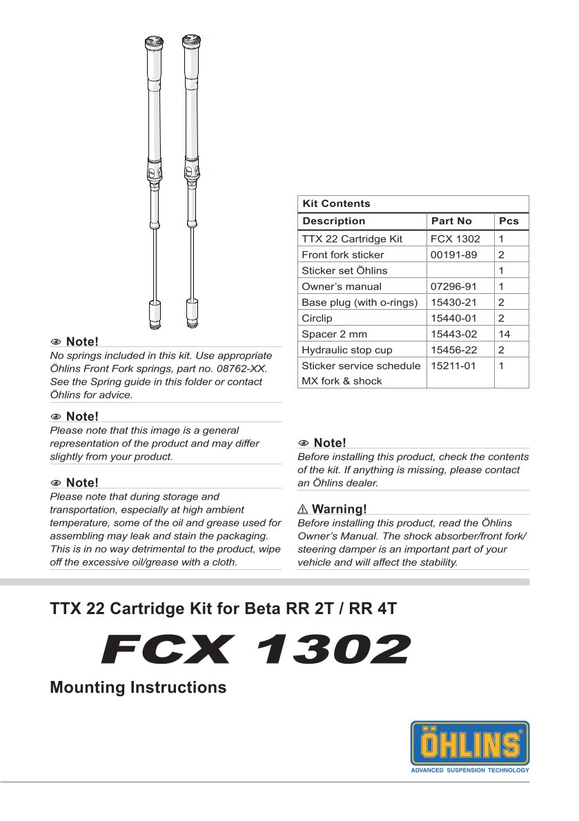 สปริงโช้คหน้า Ohlins FCX1302 For Beta RR 2T 250 2020-2023