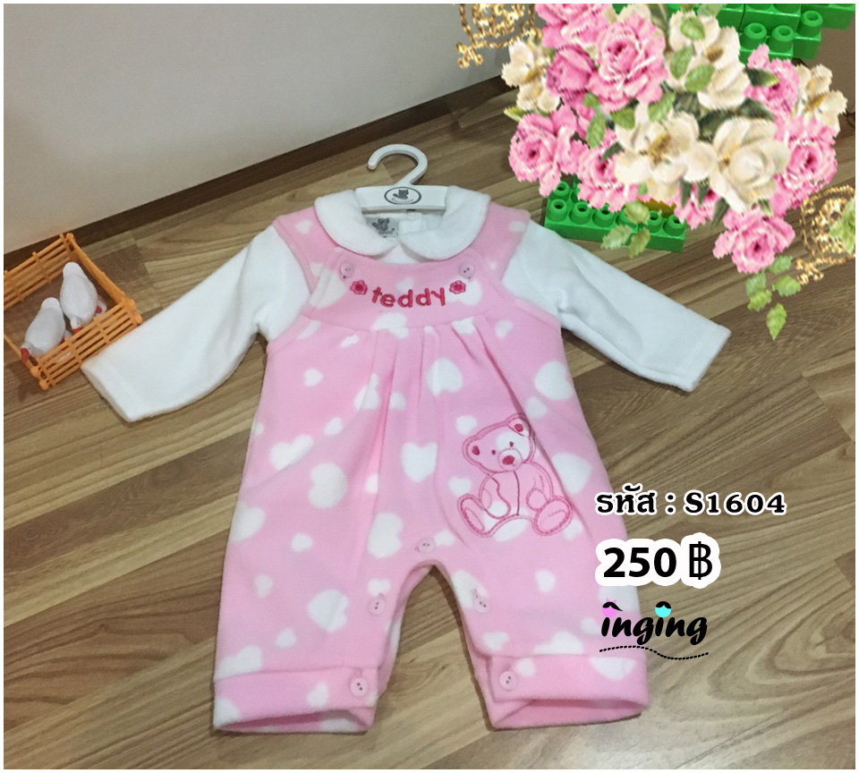 S1604_[Size-0-3-เสื้อขาวเอี๊ยมชมพูลายteddy]_ชุดเช็ต2ชิ้น(เสื้อ+เอี๊ยม)