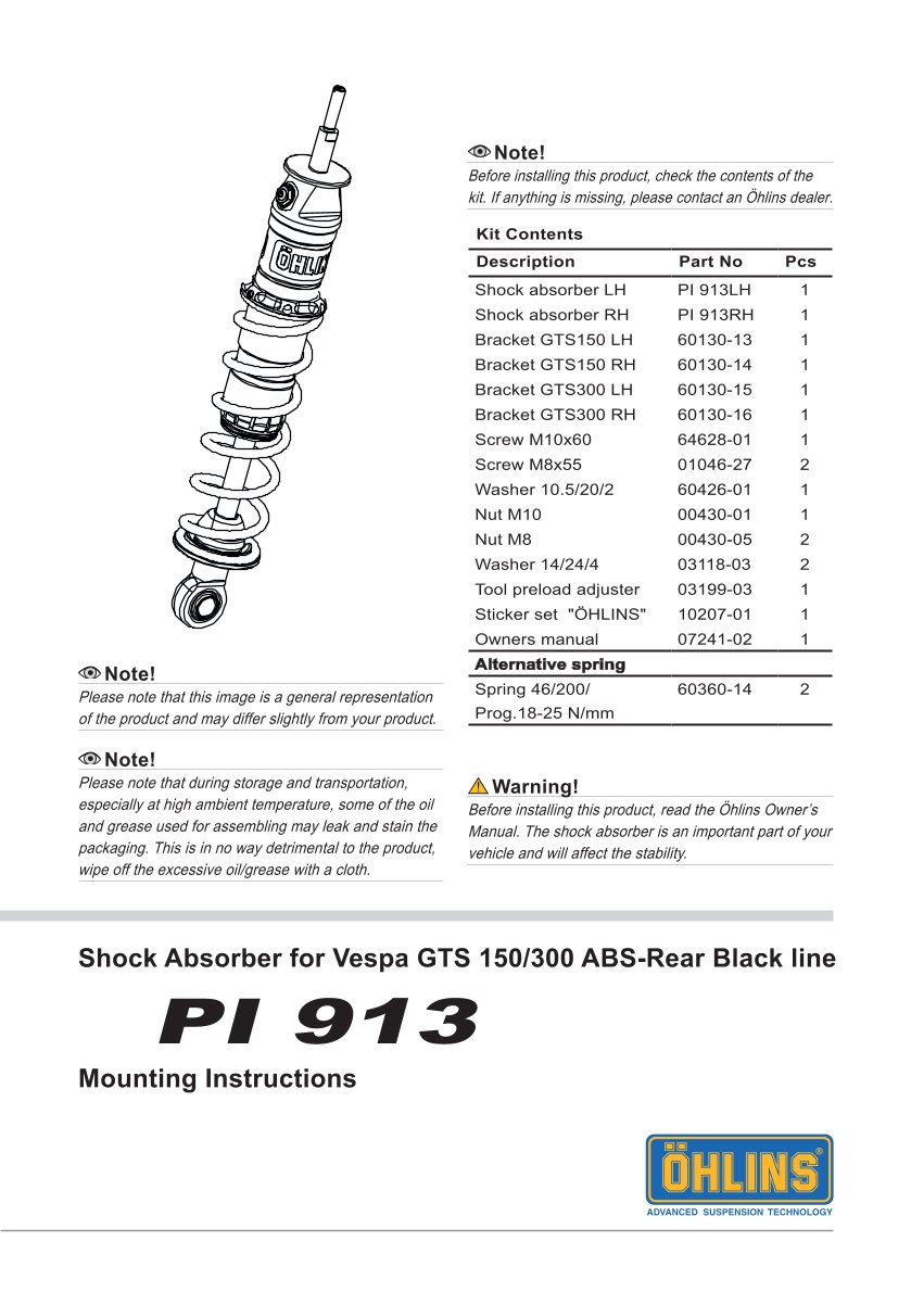 โช๊คหลังแต่ง Ohlins PI913 For Vespa GTS150/GTS300 ปี 2019-2023