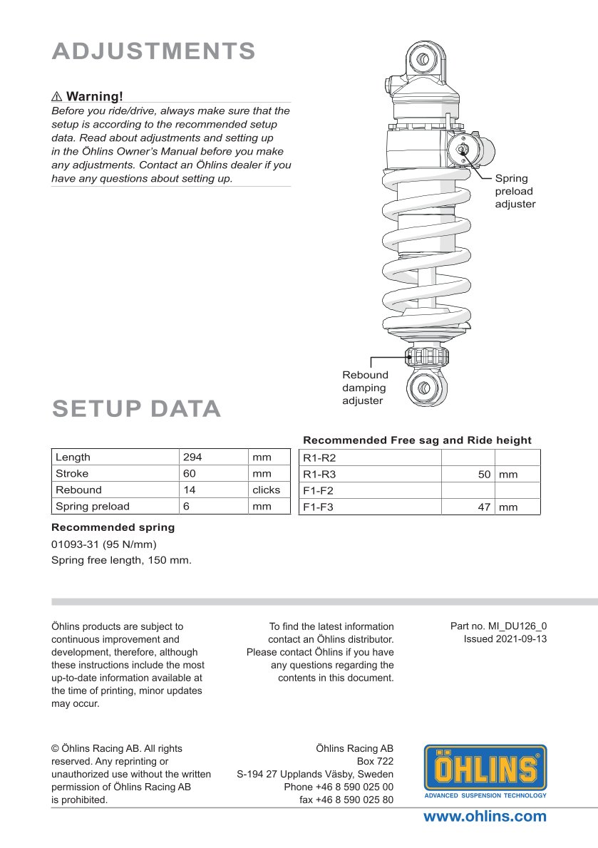 โช๊คหลังแต่ง Ohlins DU126 For Ducati Monster 950 + ปี 2021-2023