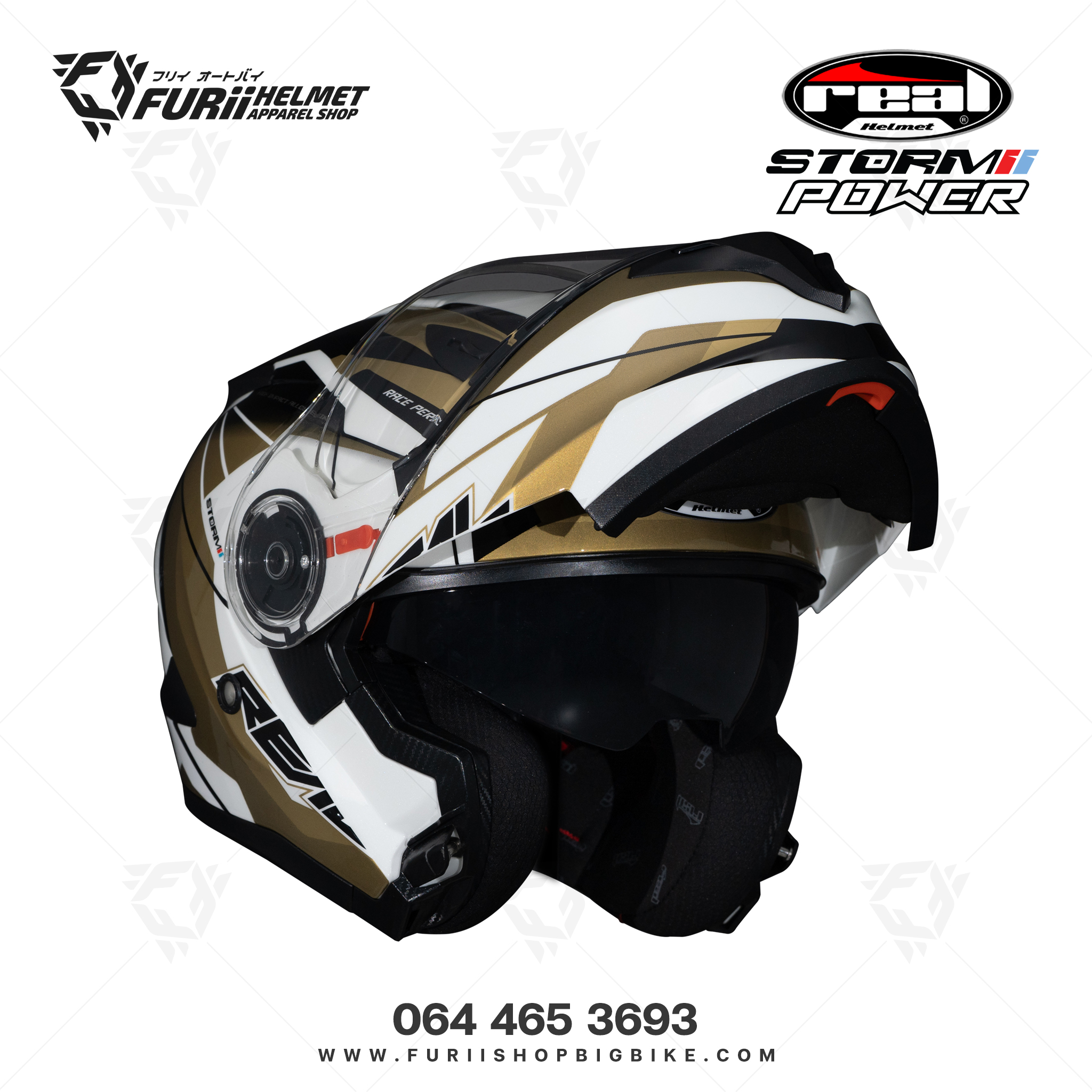 หมวกกันน็อคเต็มใบ Real : Storm Power ขาว-ทอง