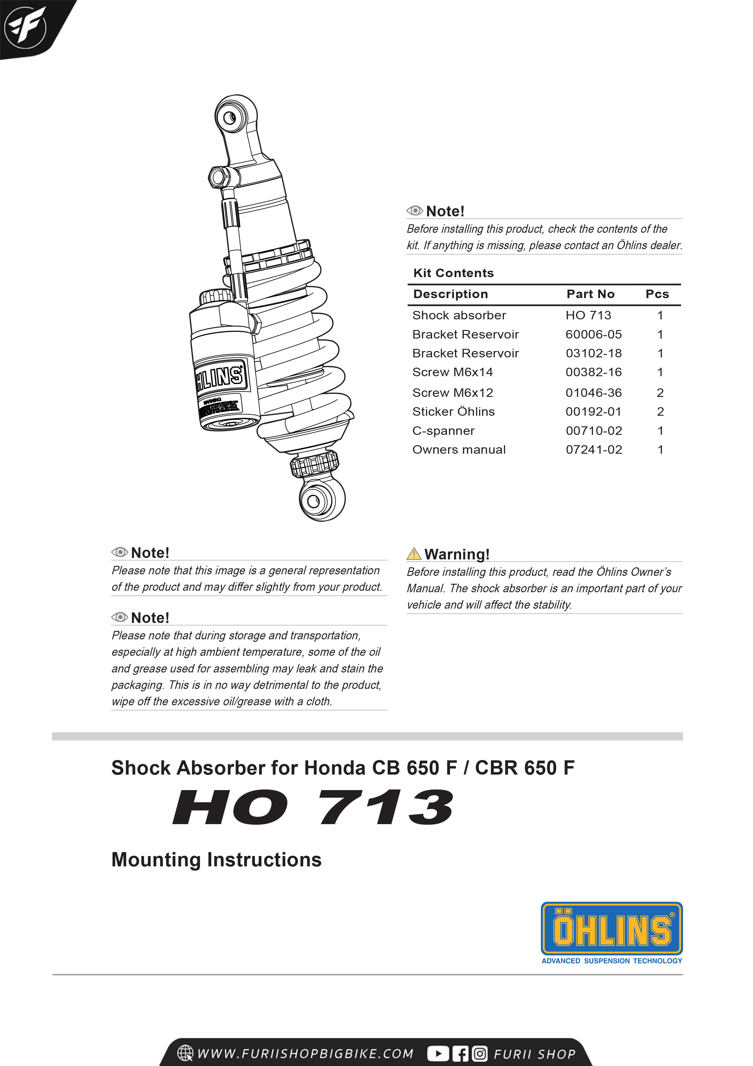 โช๊ค OHLINS HO713 SUBTANK FOR HONDA CB650F/CBR650F