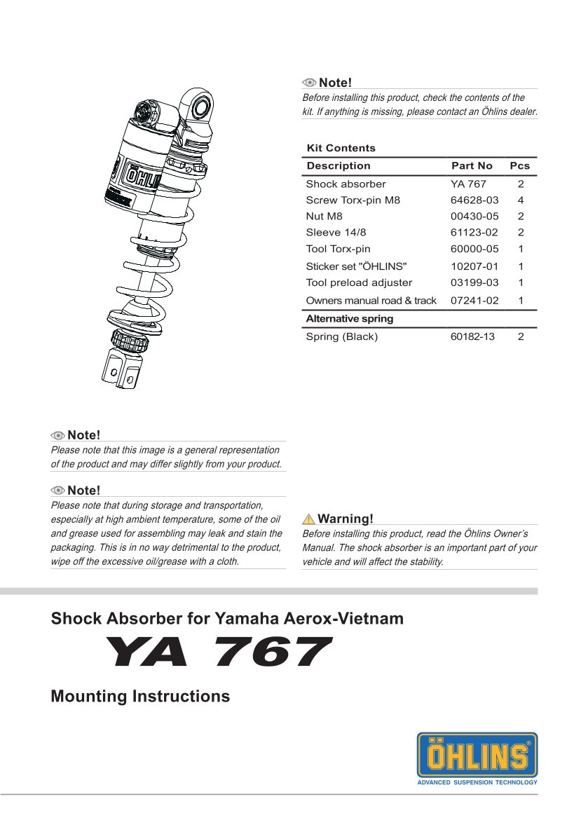 โช๊คหลังแต่ง Ohlins YA767 For Yamaha Aerox/NVX 155 ปี 2017-2020