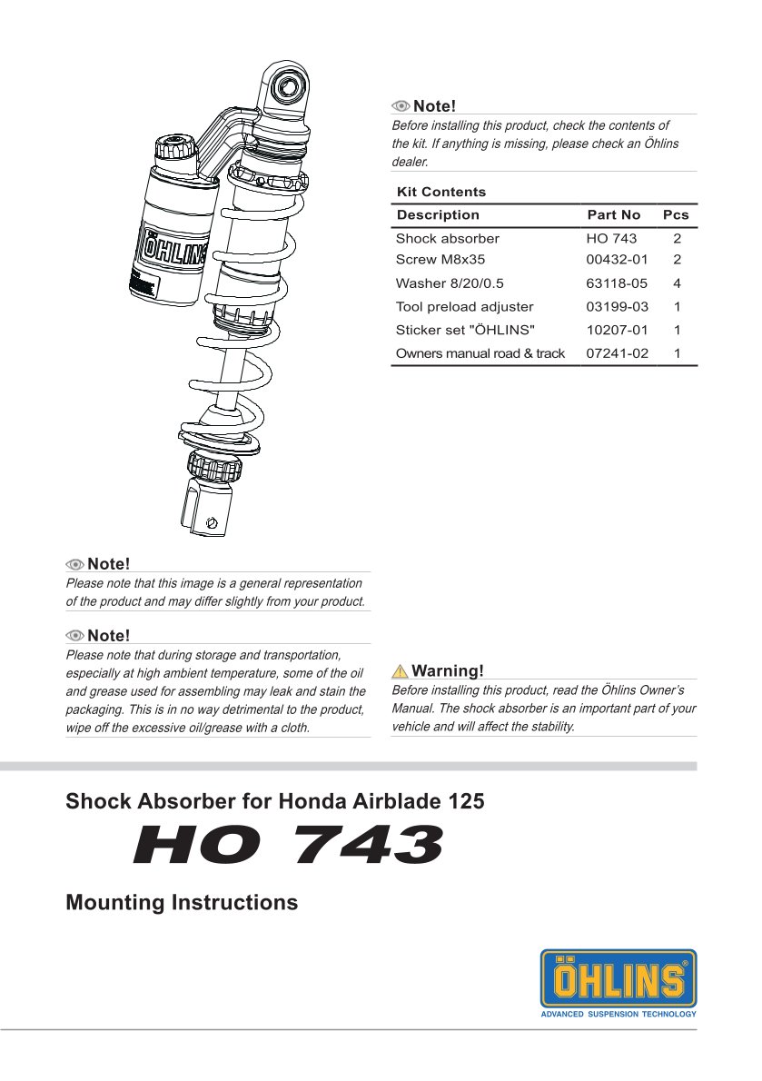 โช๊คหลังแต่ง Ohlins HO743 For Honda Air Blade 125/150 ปี 2017-2018
