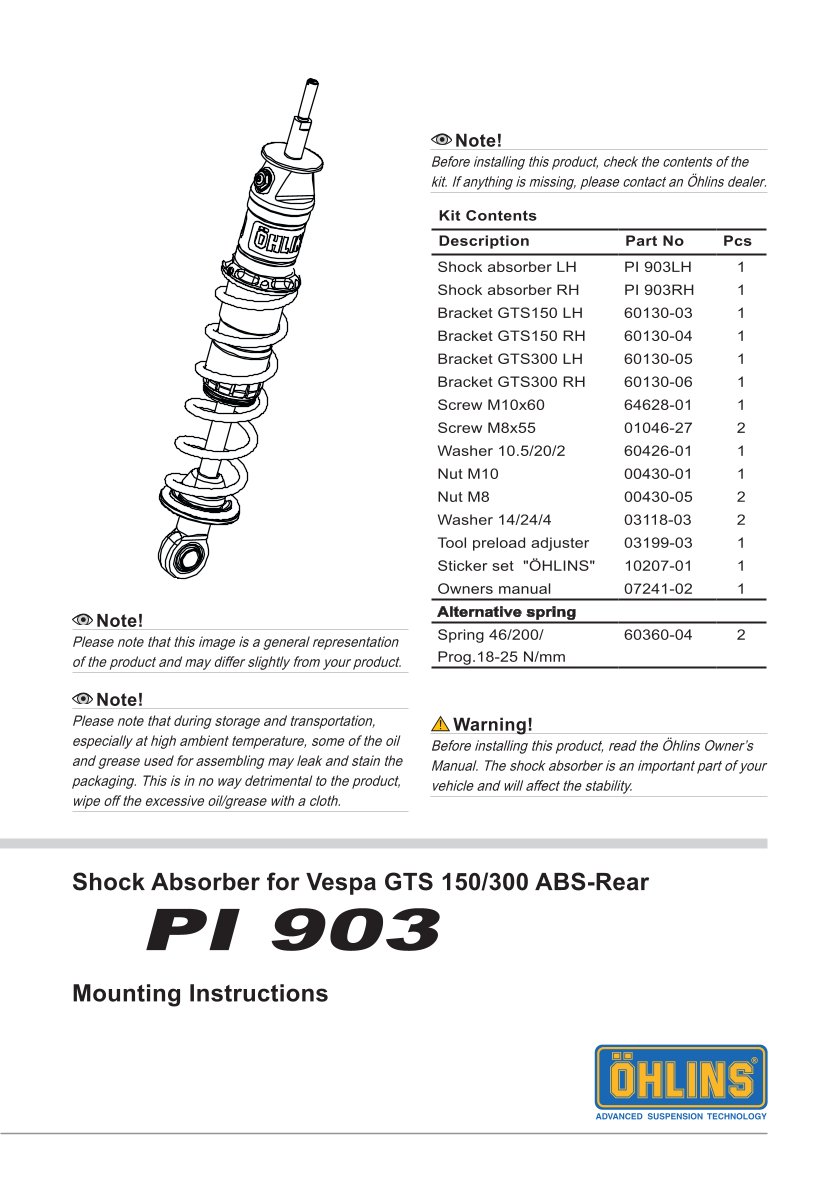 โช๊คหลังแต่ง Ohlins PI903 For Vespa GTS150/GTS300 ปี 2019-2023