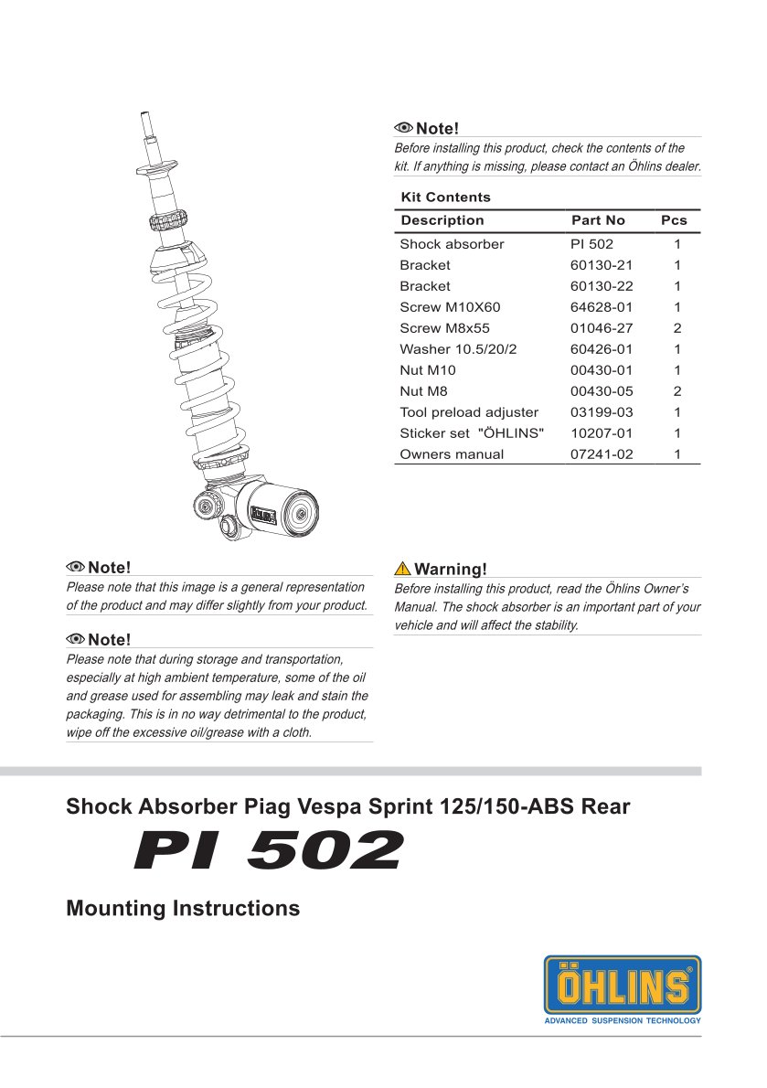 โช๊คหลังแต่ง Ohlins PI502 For Vespa Sprint 150 ABS 2017-2025