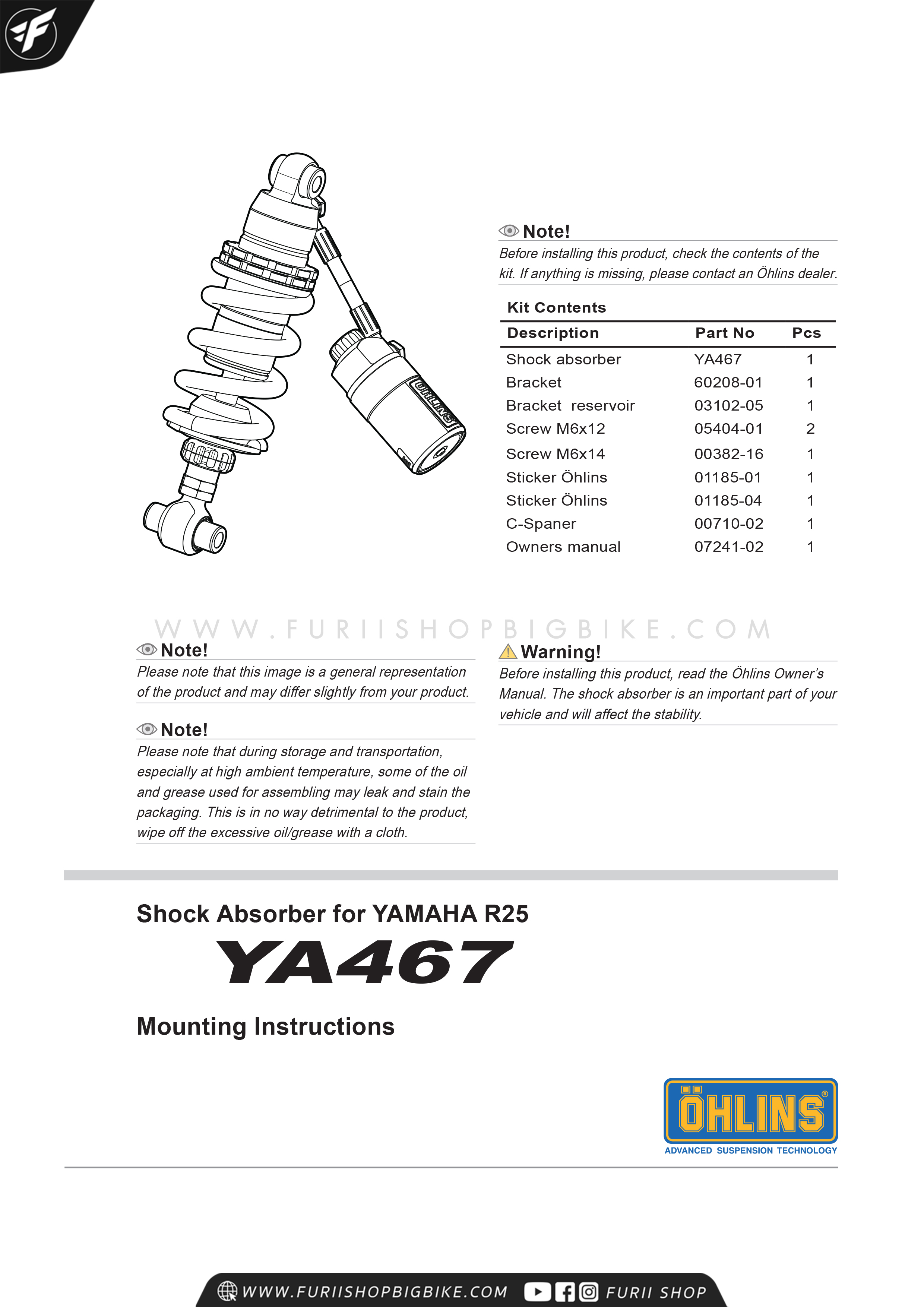 โช๊คหลัง OHLINS Sweden YA467 Yamaha R25, MT-03